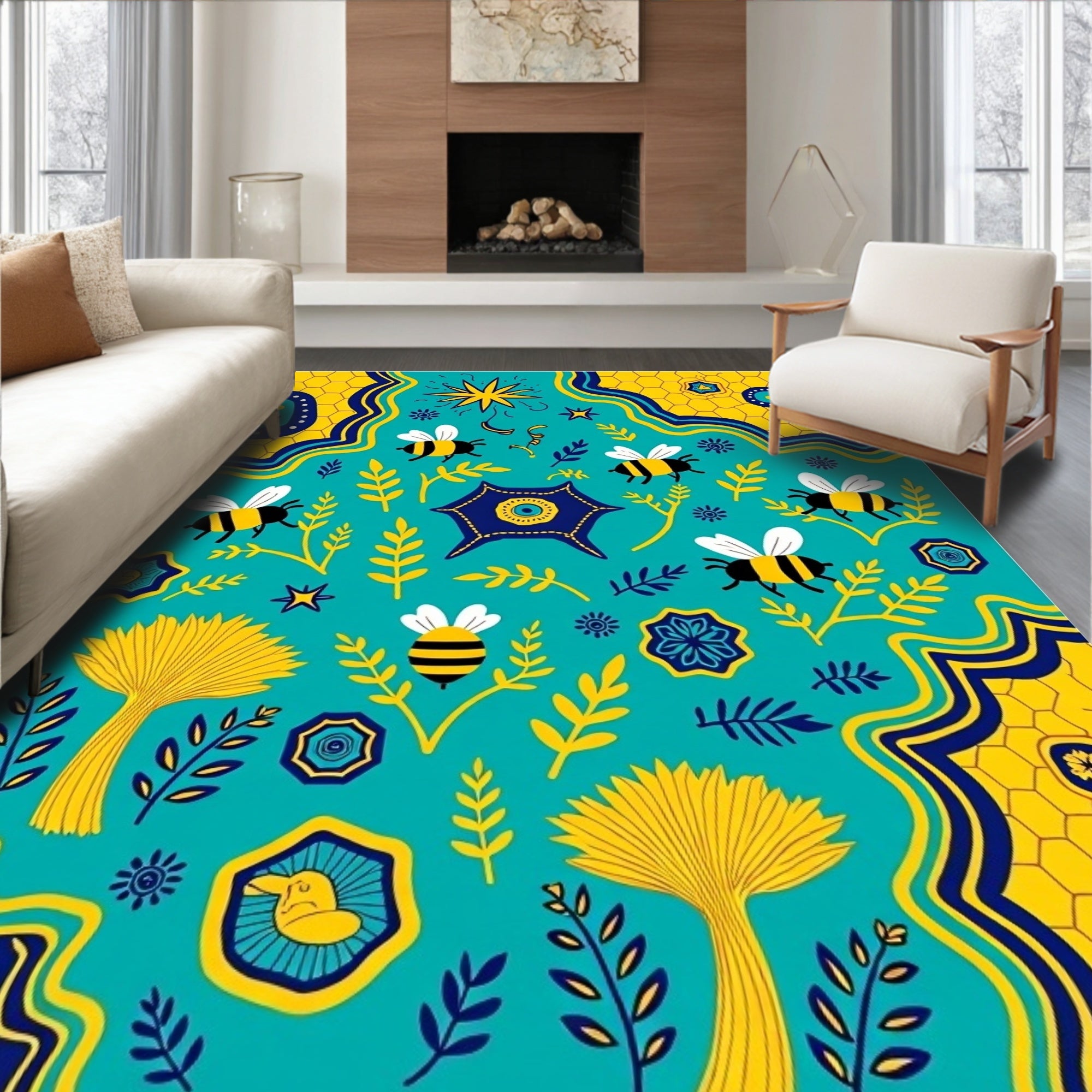 Teal Yellow Bee Hive Garden Tapestry Rug