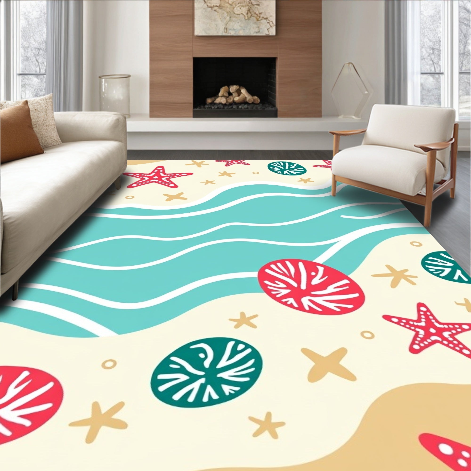 Red White Blue Starfish Sea Shells Rug