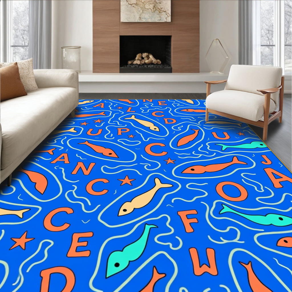 Blue Alphabet Fish Swirl Rug