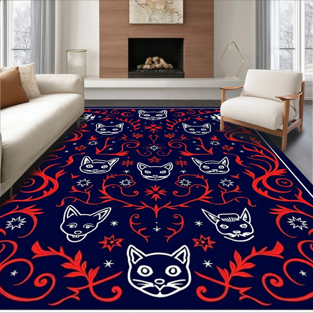 Navy Red White Cat Collage Rug