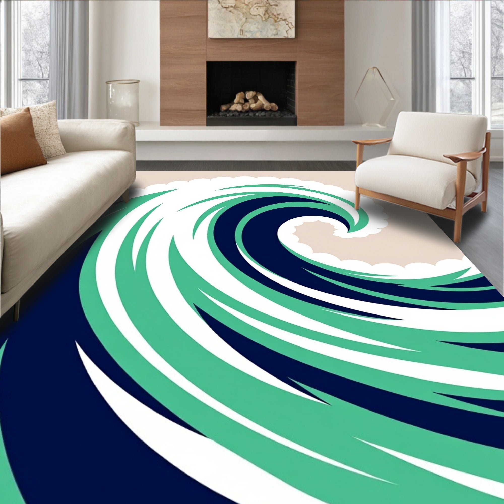 Bold Teal Blue Spiral Wave Rug