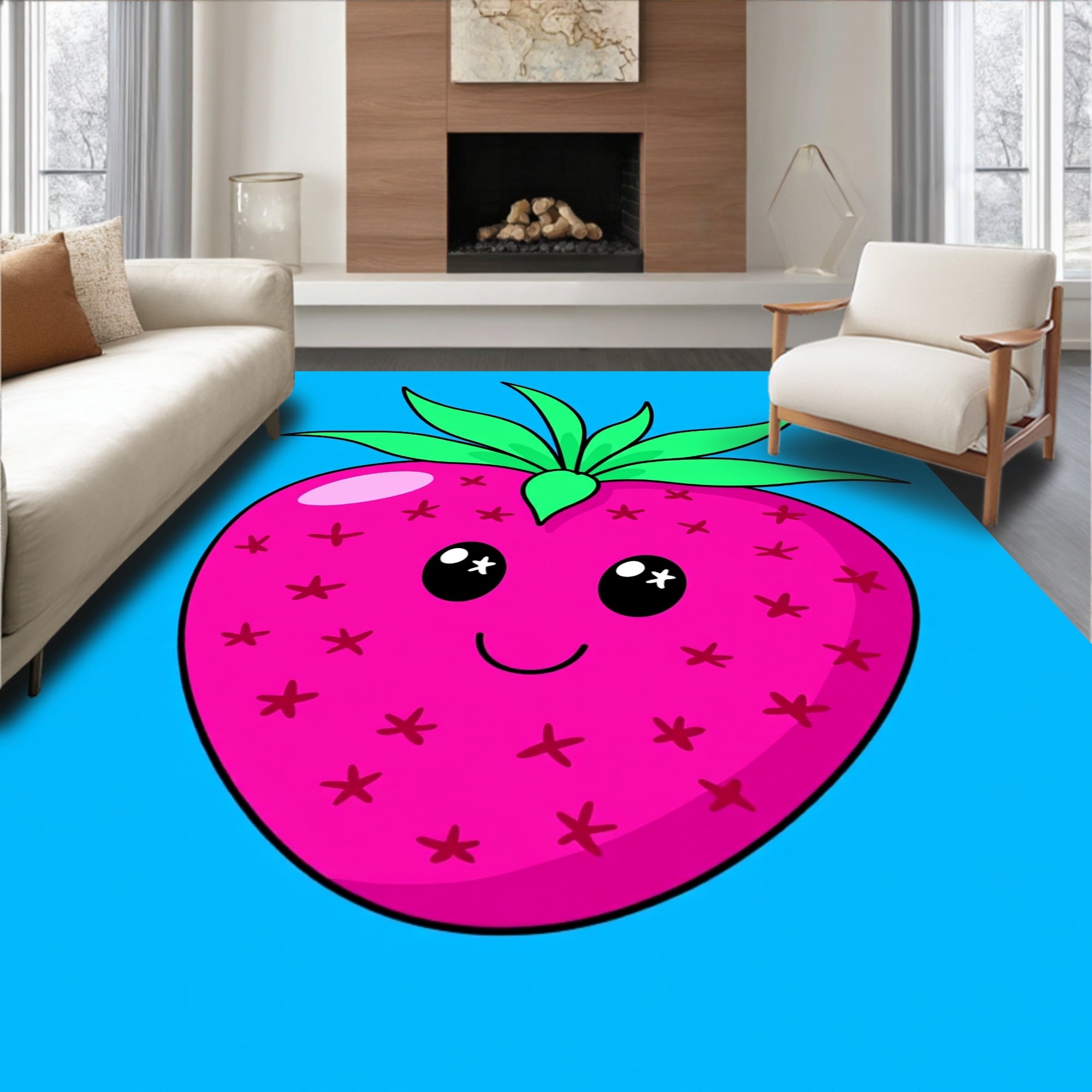 Cute Pink Strawberry With Green Leaves Rug