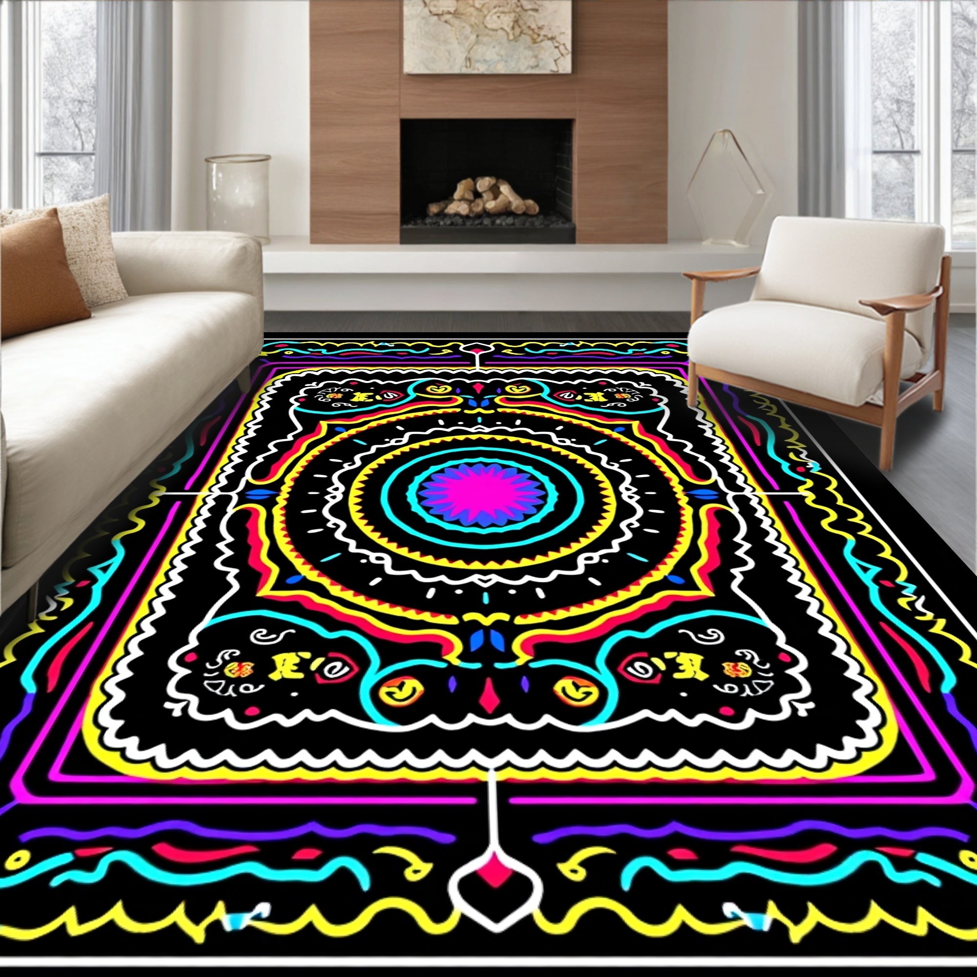 Vibrant Neon Abstract Geometric Mandala Rug