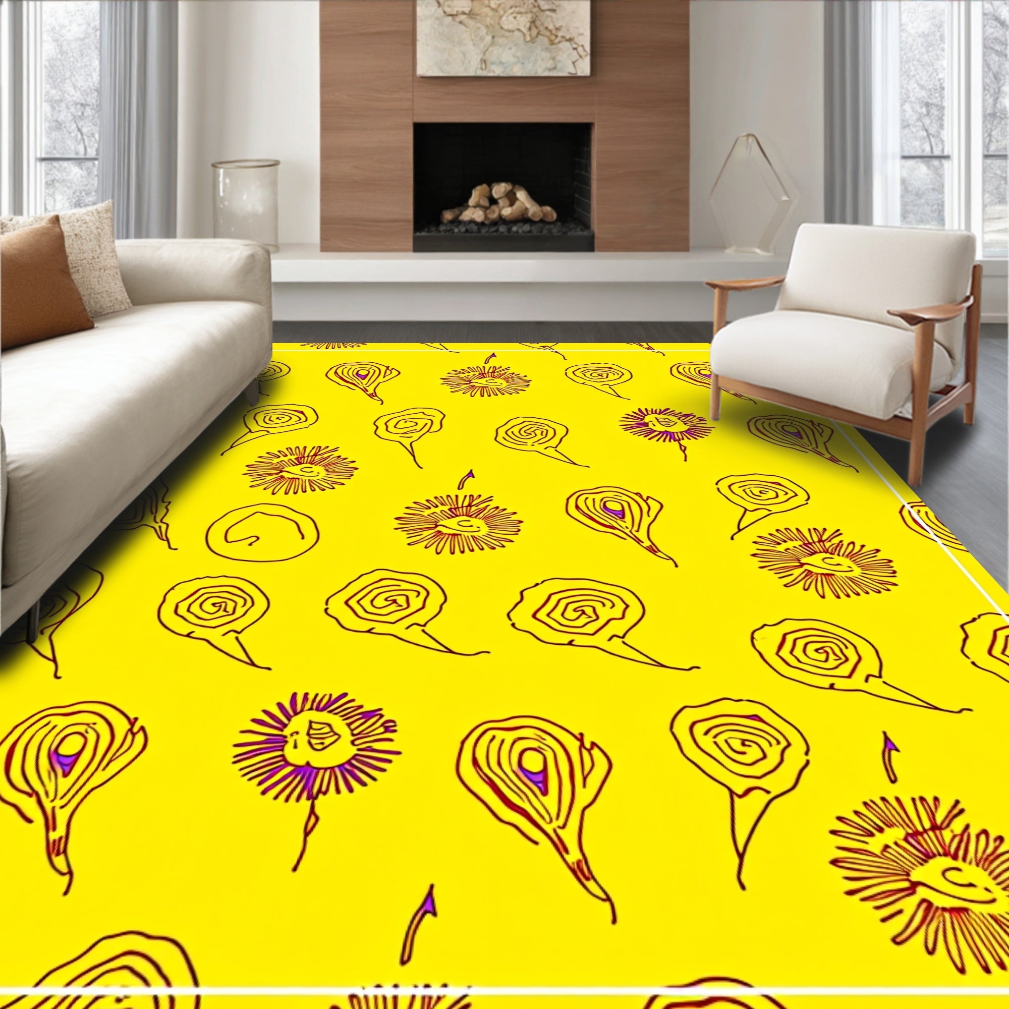 Vibrant Yellow Purple Organic Blooms Rug