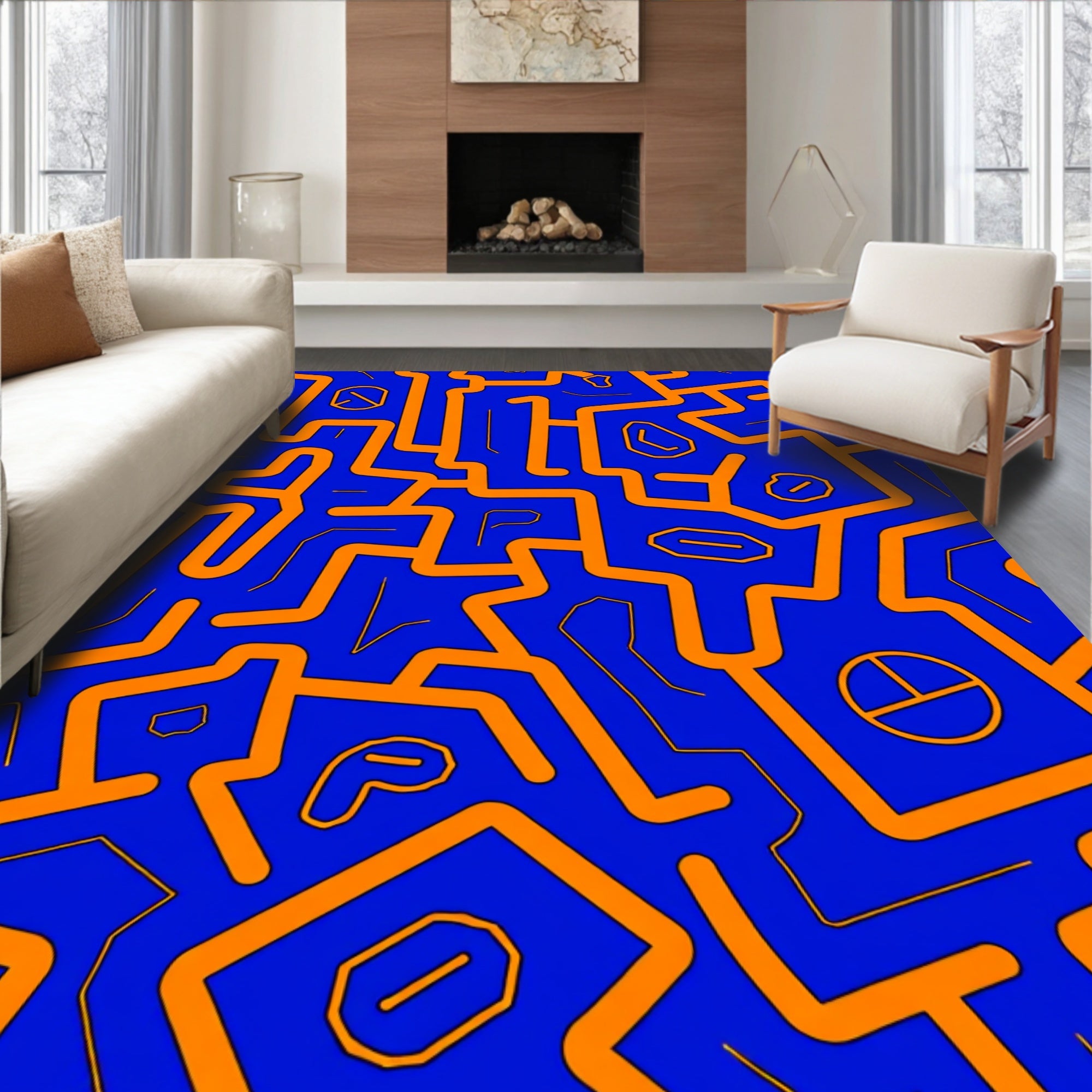Abstract Orange Maze Blue Rug
