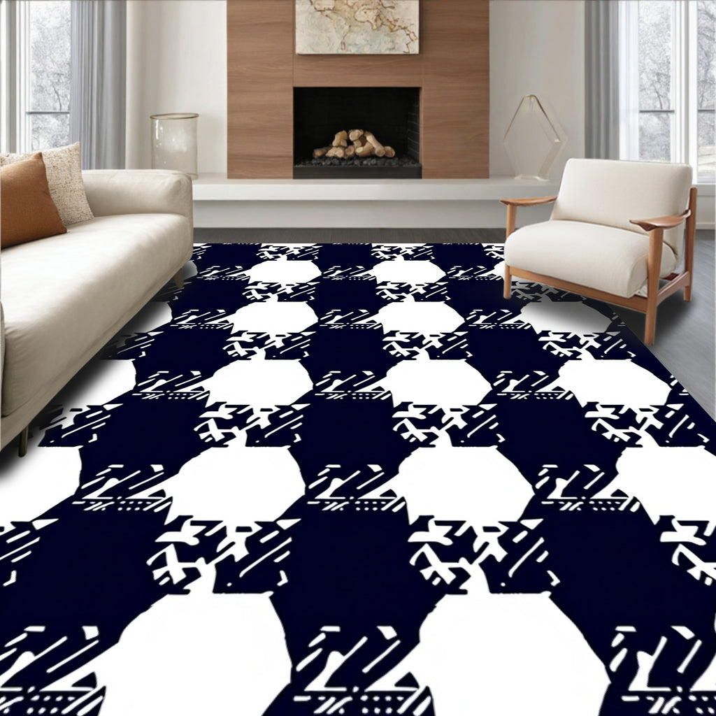 Navy White Abstract Geometric Houndstooth Rug