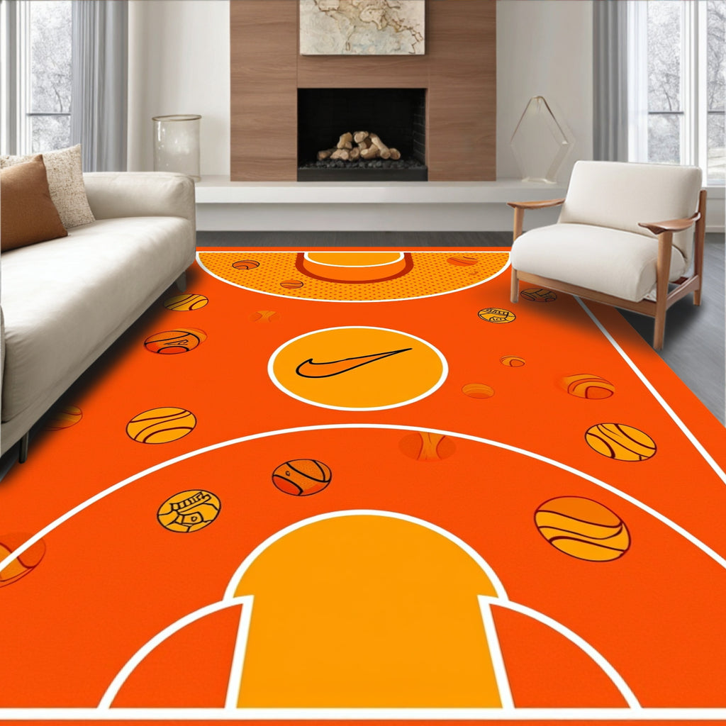 Orange Basketball Court Swoosh Balls Rug
