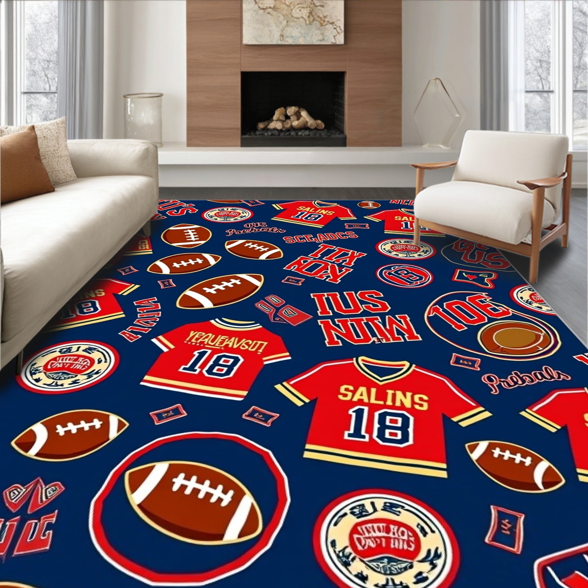 Red Football Jerseys and Awards Collage Rug
