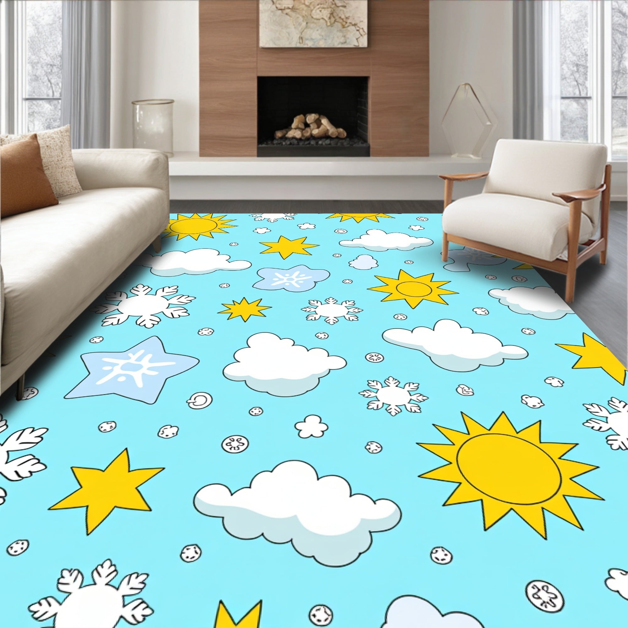 Whimsical Sky Sun Cloud Snowflake Rug