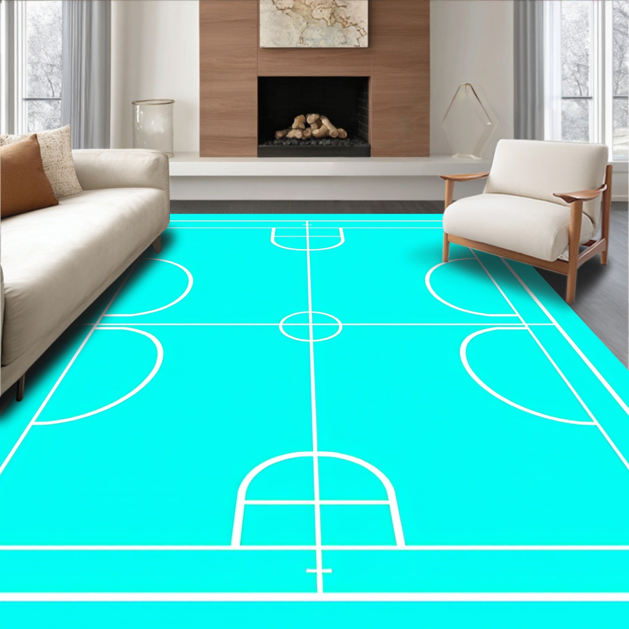 Turquoise Court Lines Geometric Rug