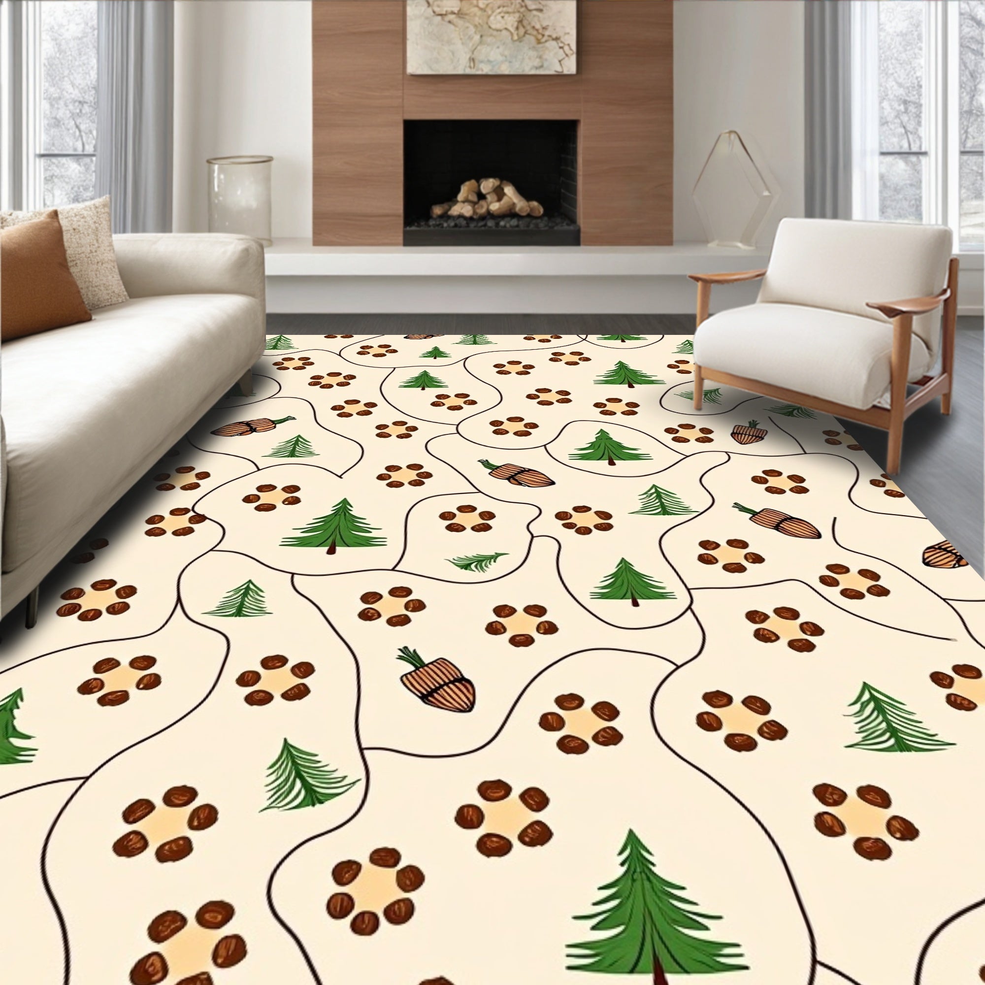 Autumn Forest Pinecone Acorn Cream Rug