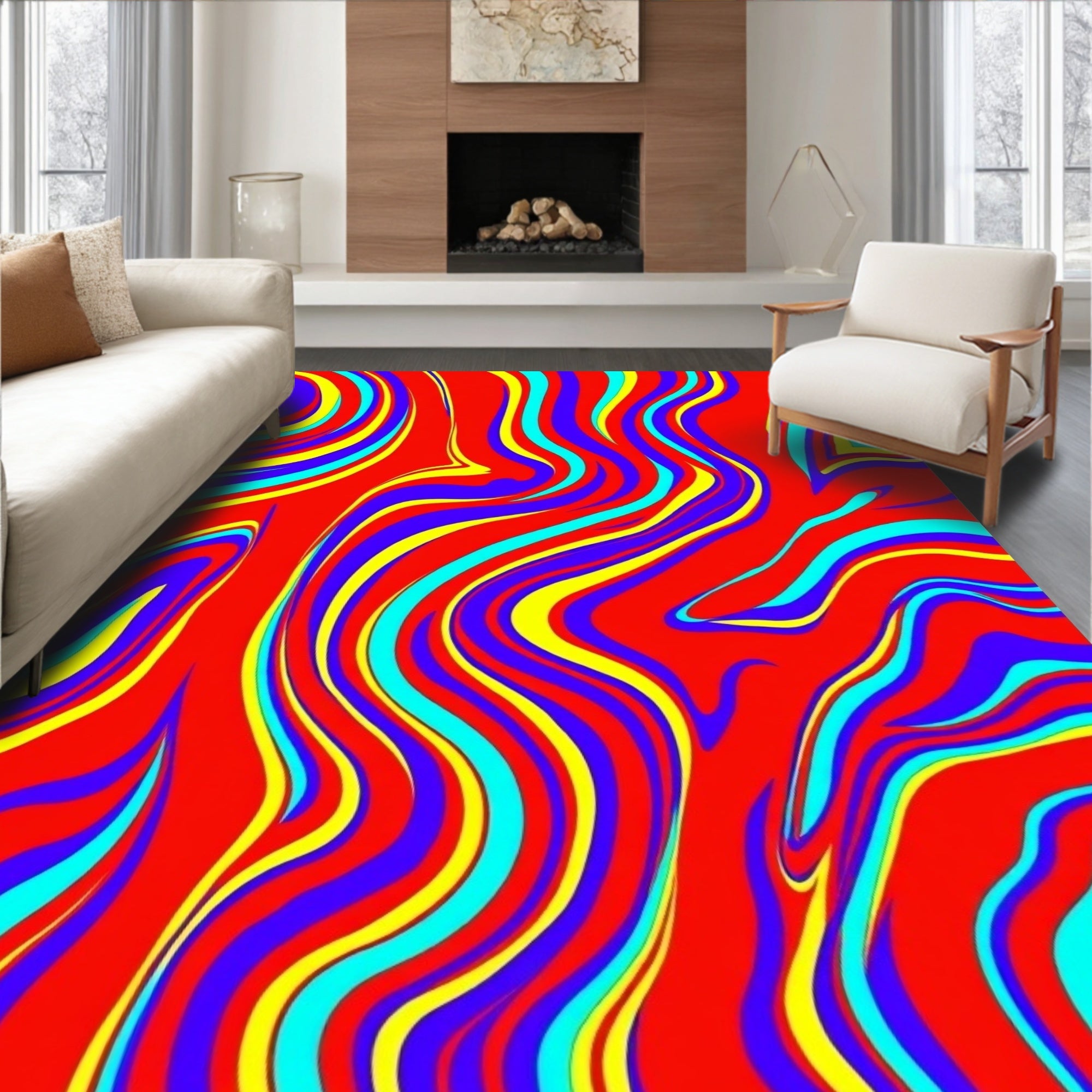 Vibrant Red Swirl Abstract Waves Rug