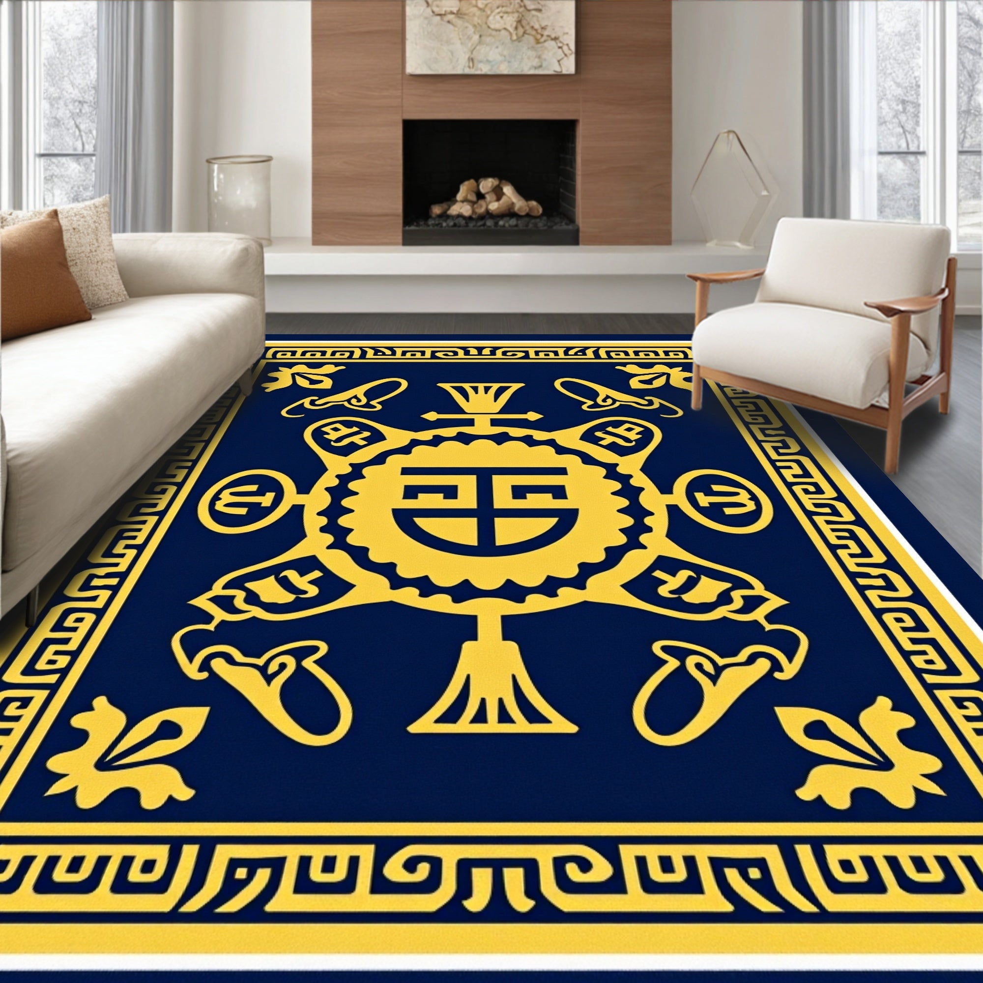 Deep Blue Gold Geometric Medallion Rug