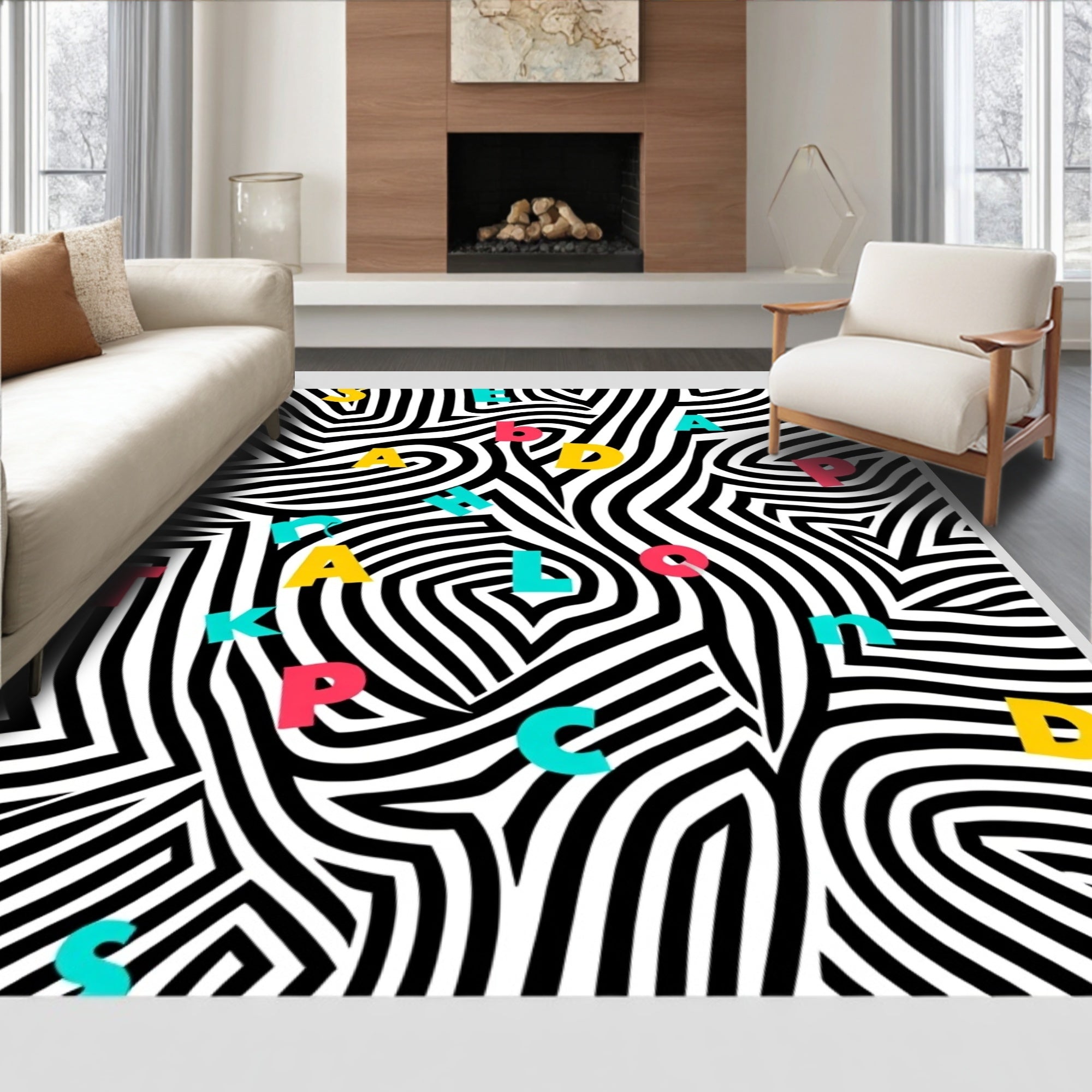 Colorful Alphabet Black White Swirl Rug
