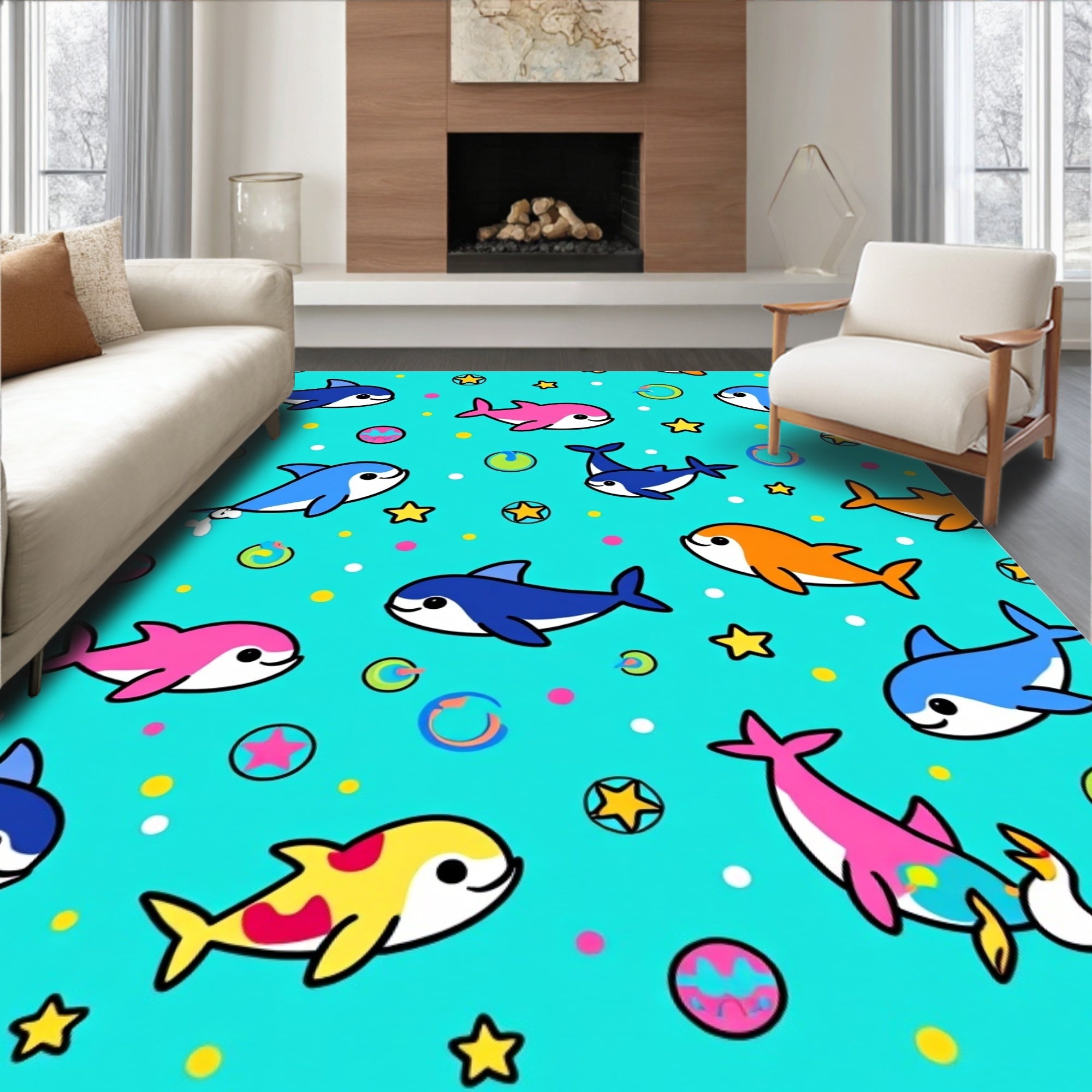 Playful Dolphins Colorful Bubbles Stars Rug