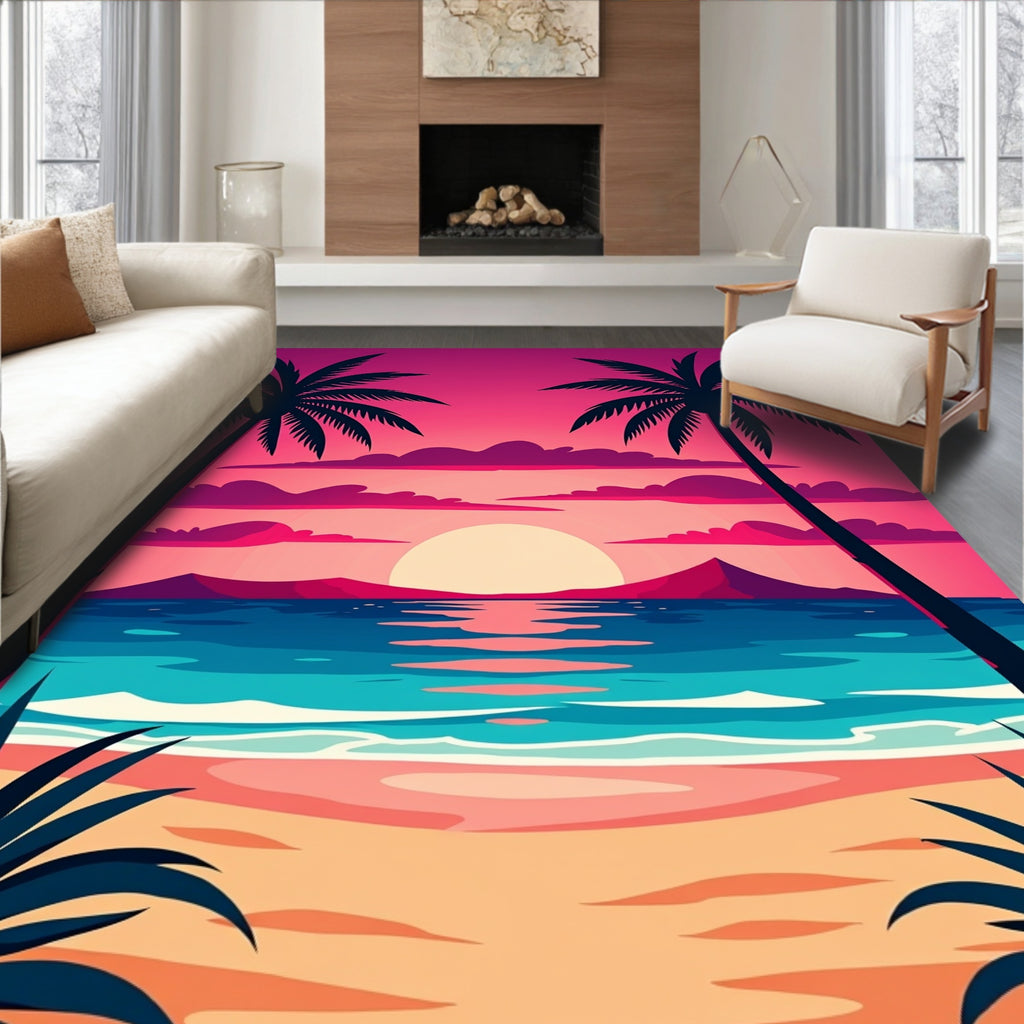 Tropical Sunset Palm Tree Beach Rug