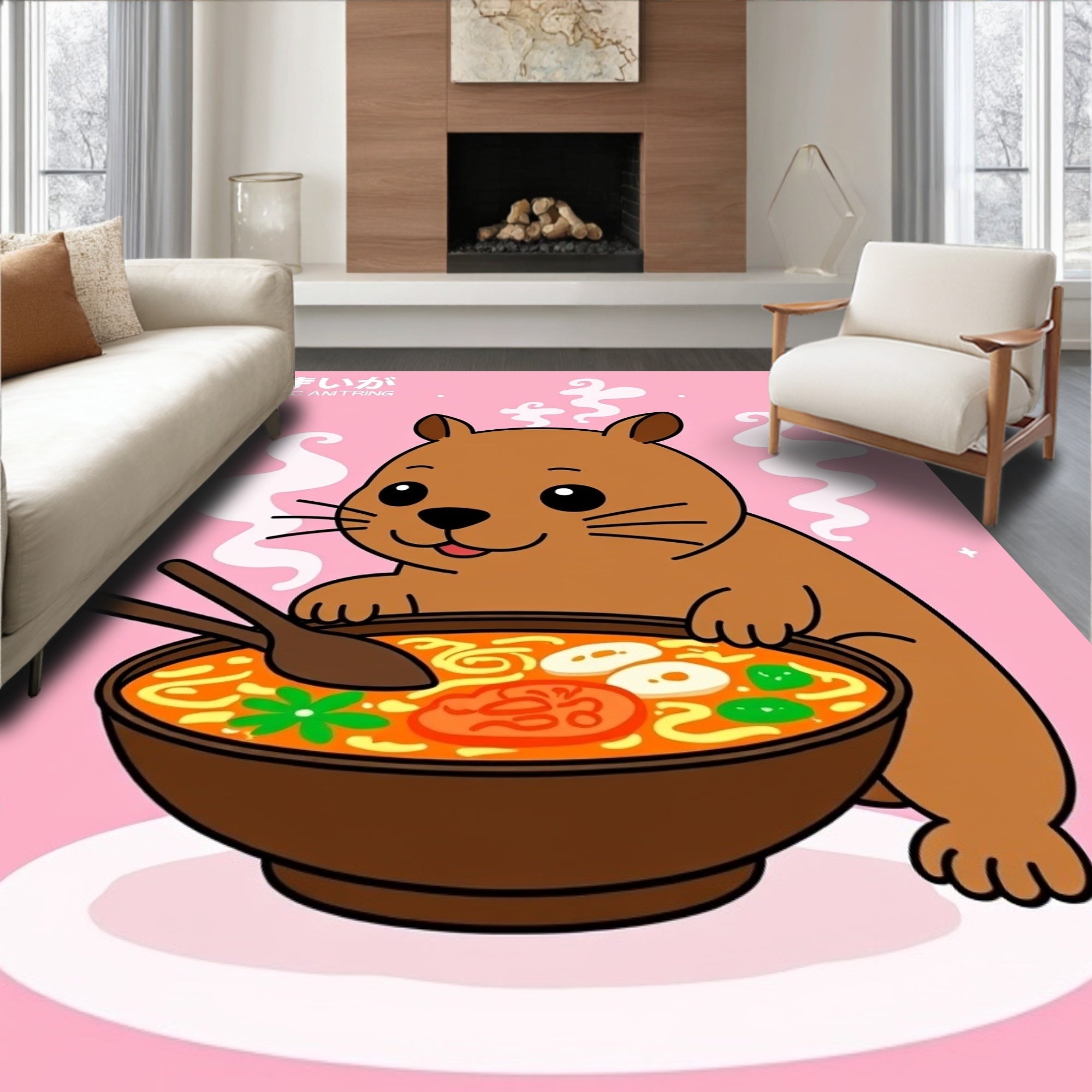 Cute Brown Bear Eating Noodle Soup Rug