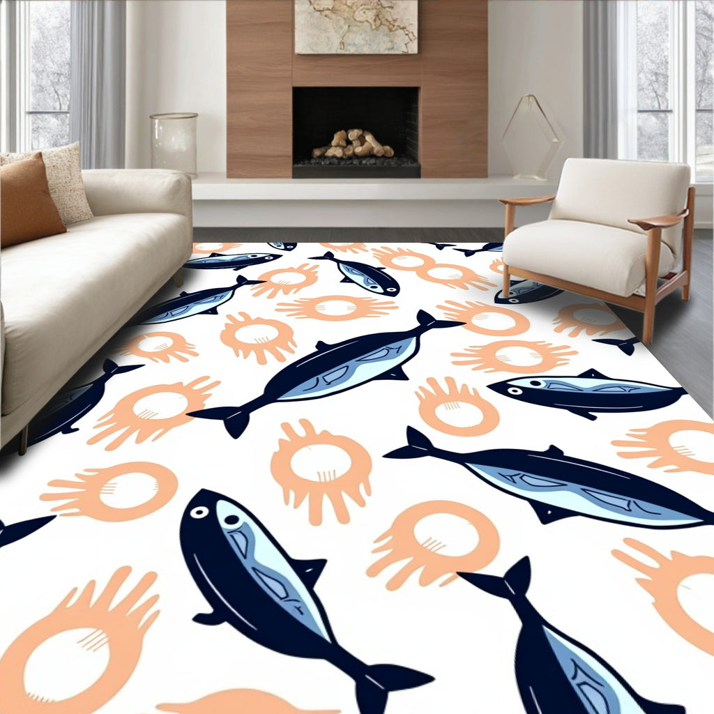 Navy Blue Fish Coral Burst Rug