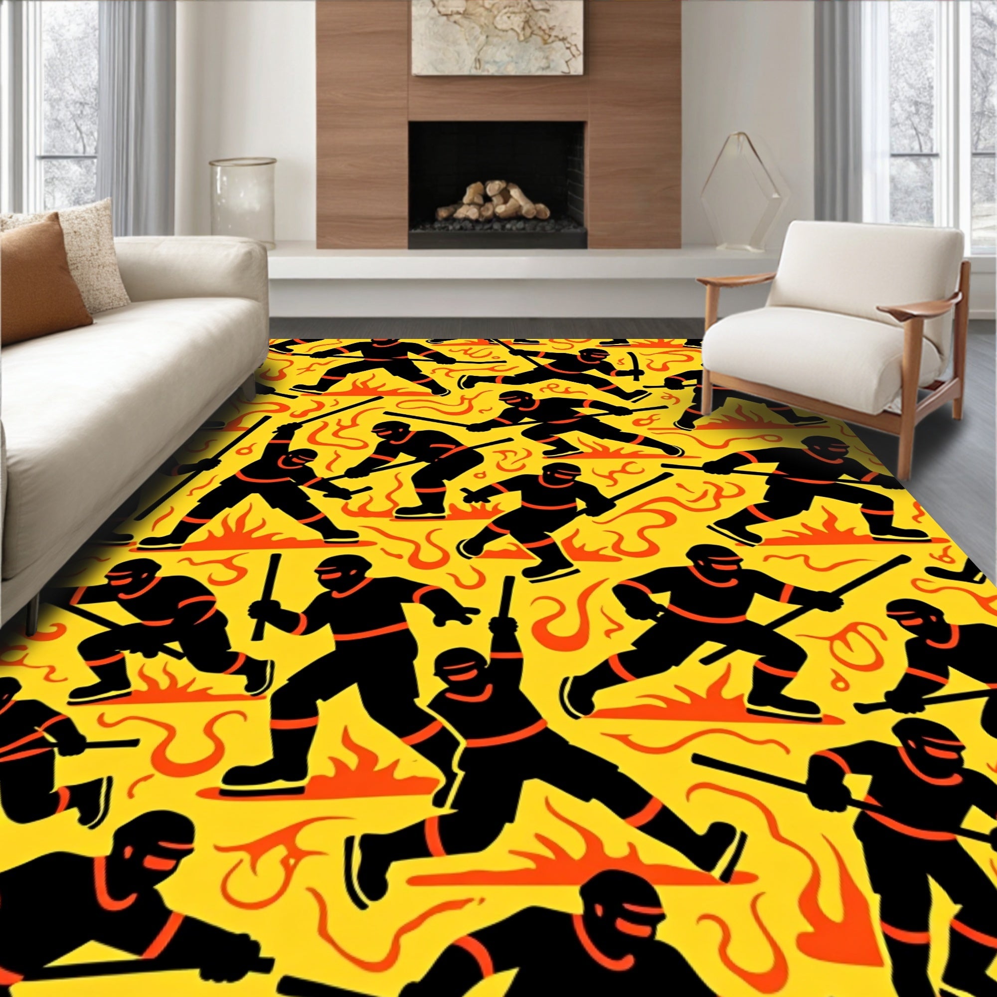 Black Warriors with Orange Flames Rug