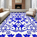Vibrant Blue Floral Mandala Scrollwork Rug