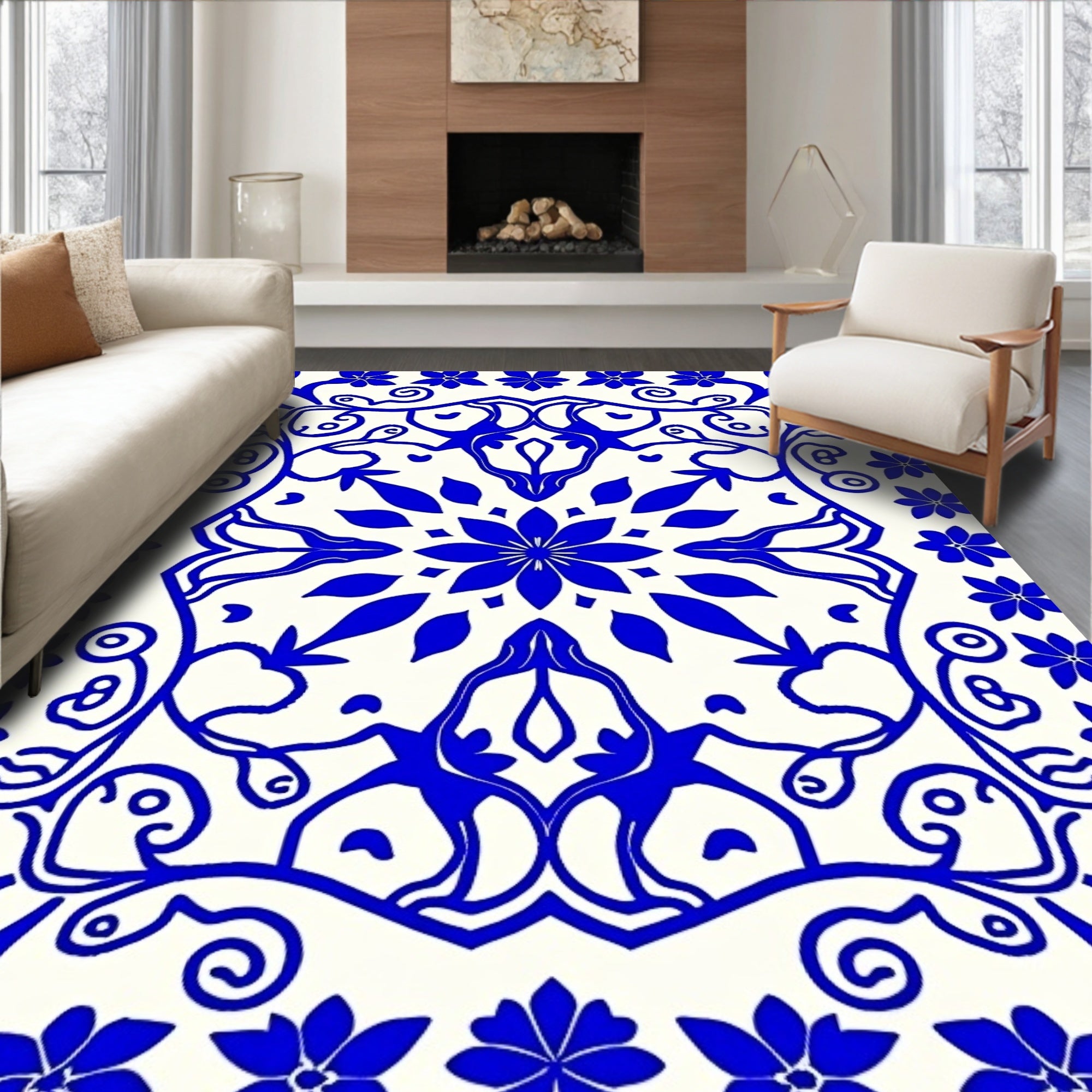 Vibrant Blue Floral Mandala Scrollwork Rug