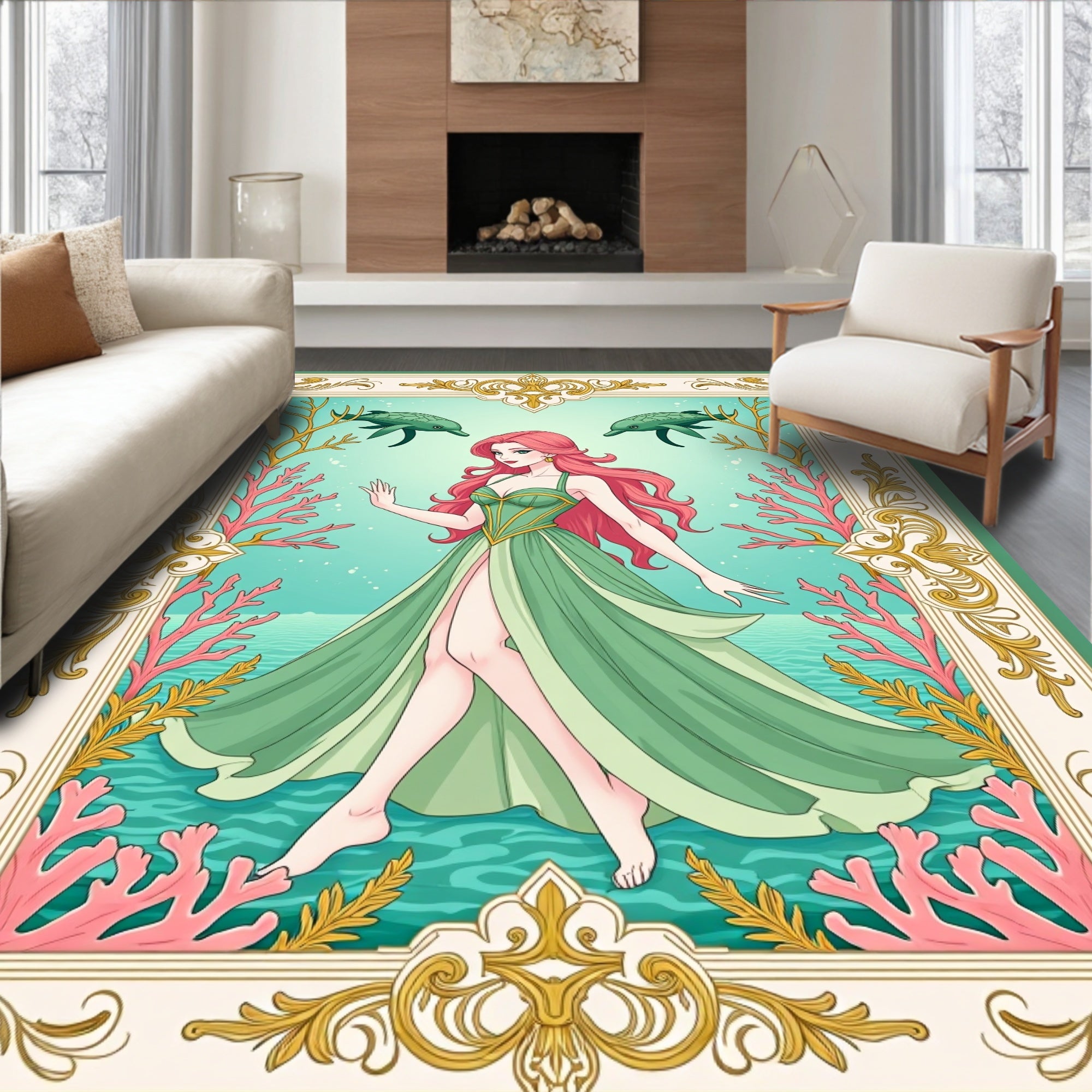 Oceanic Mermaid Coral Turtle Frame Rug