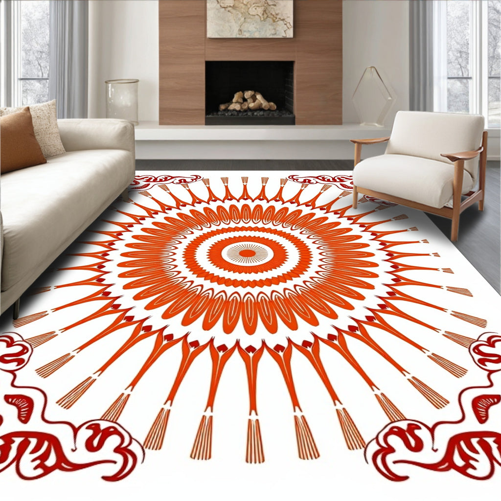 Crimson And Orange Sunburst Mandala Rug