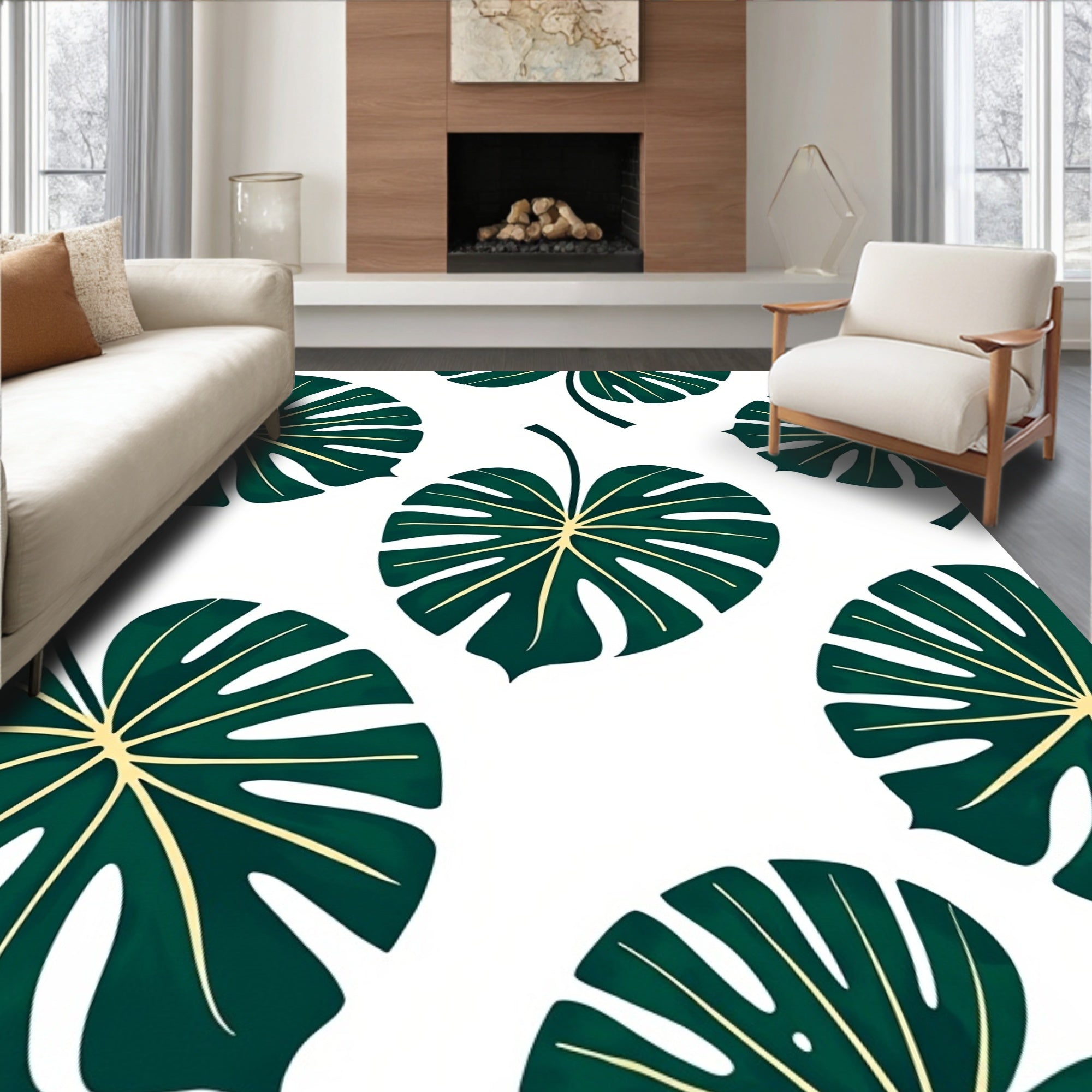 Dark Green Tropical Leaves Rug