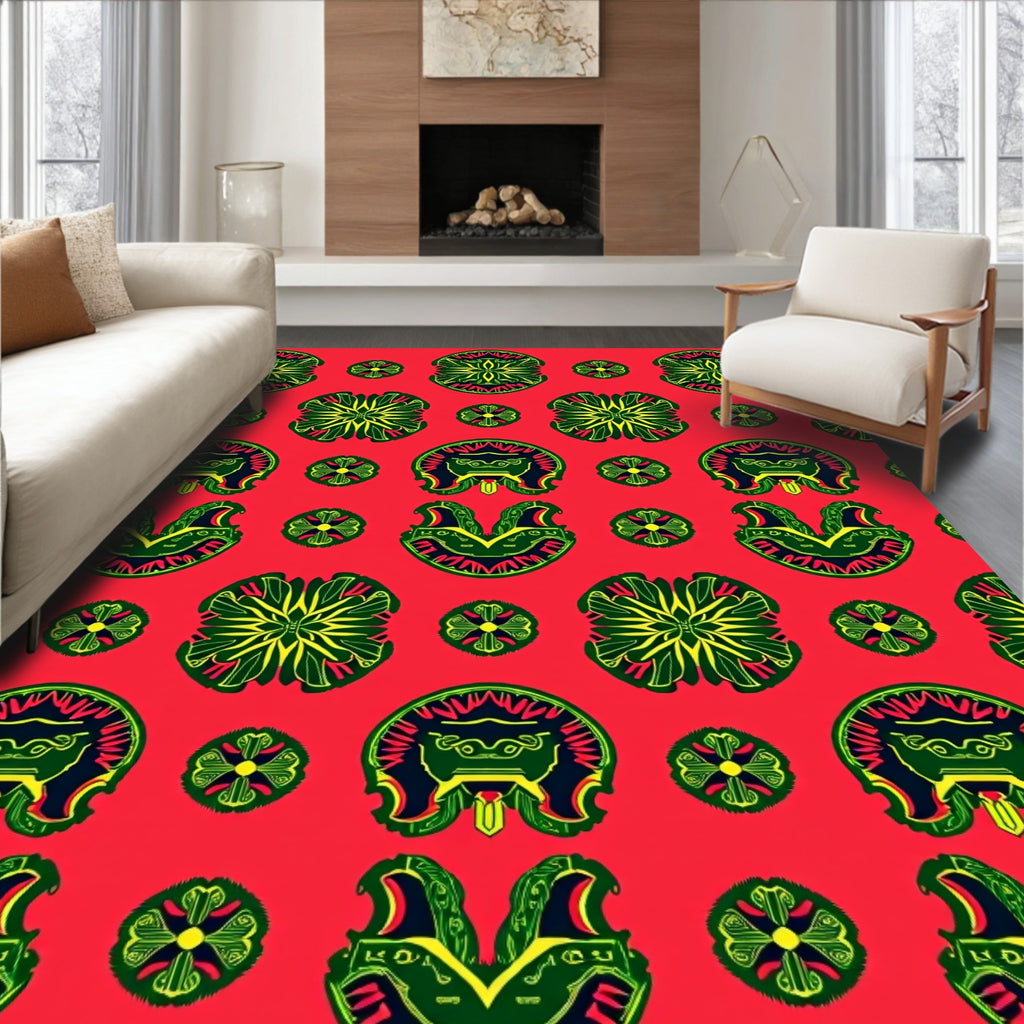 Vibrant Red Folk Art Medallion Rug