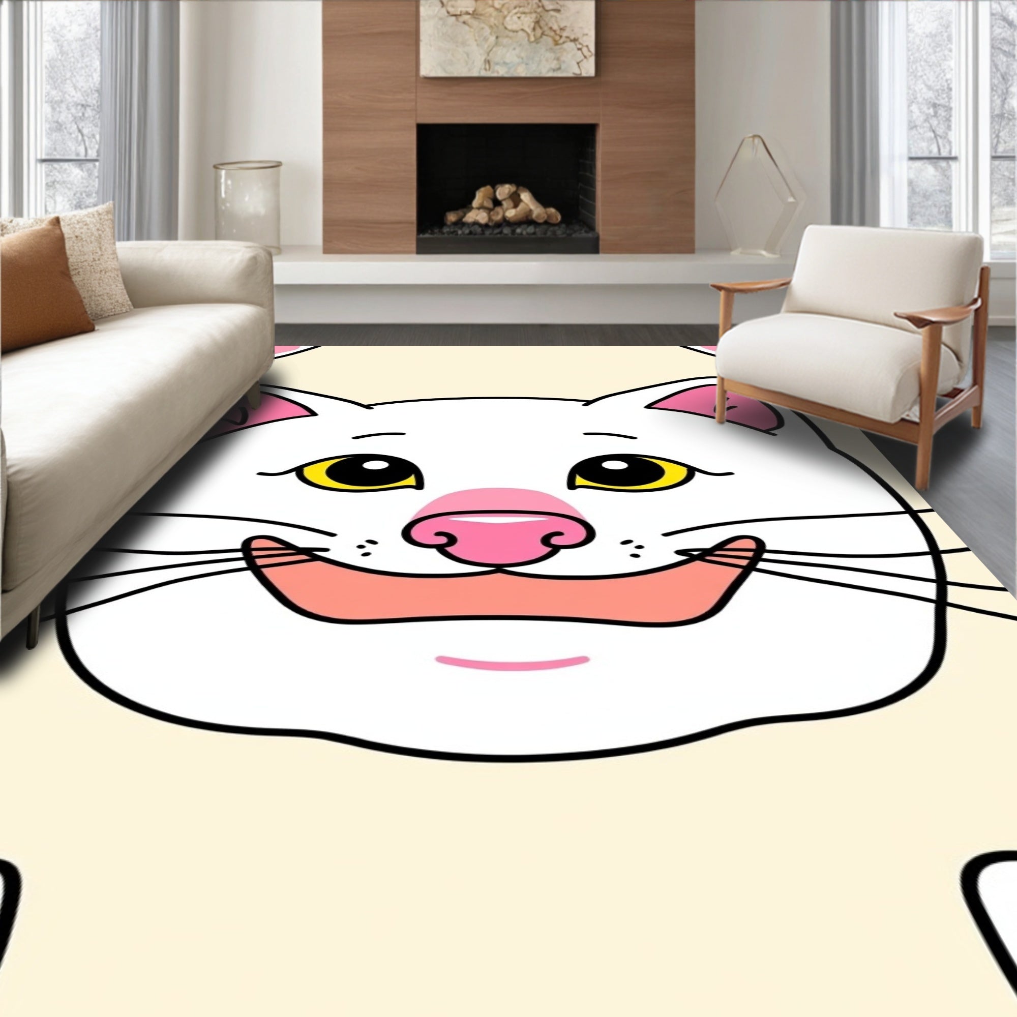 Happy White Cat Face Cream Background Rug