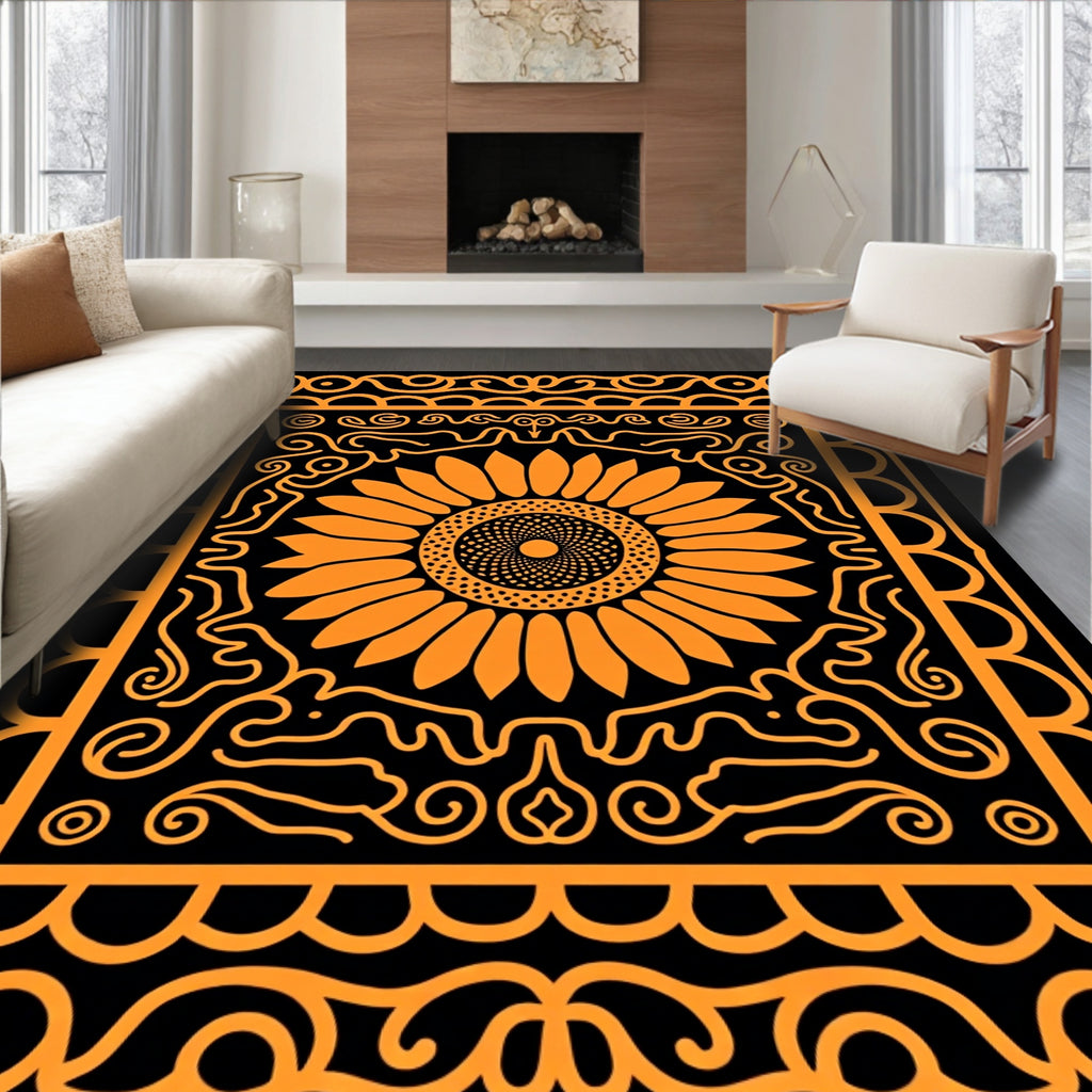 Bright Orange Sunflower Folk Art Rug
