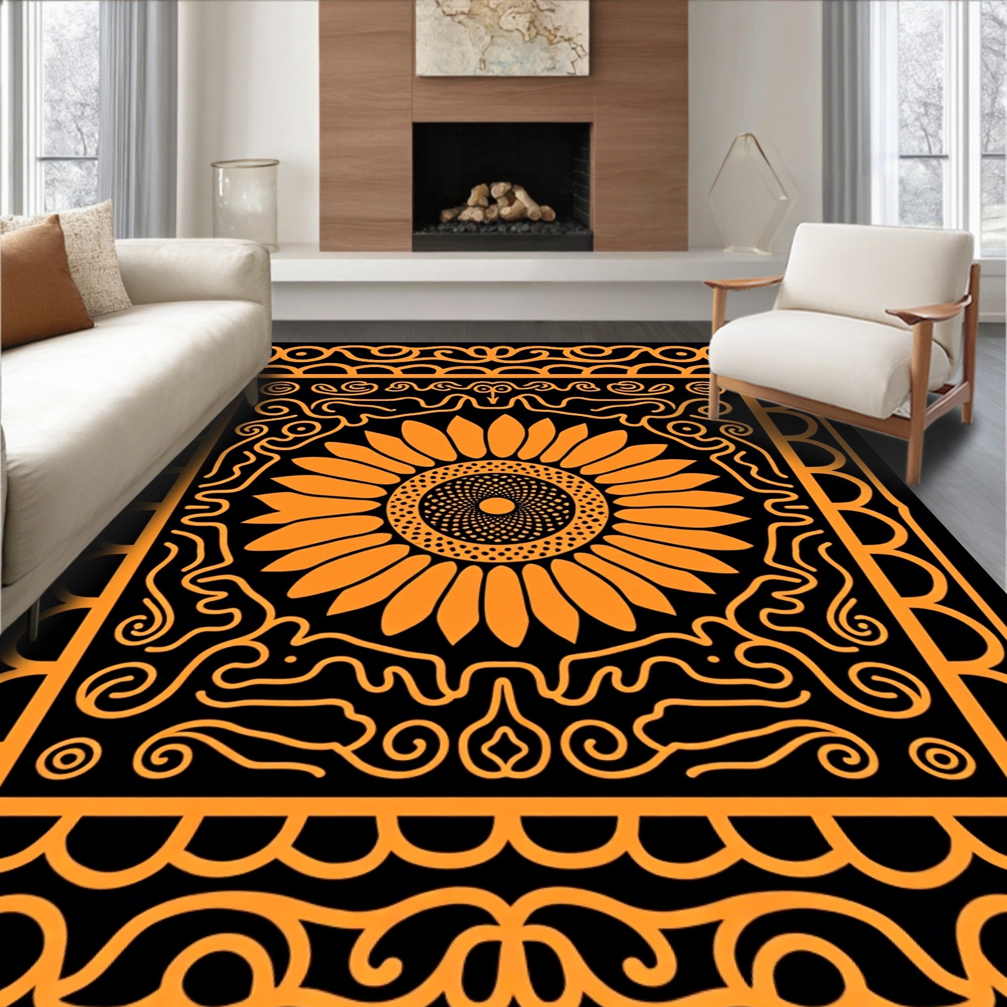 Bright Orange Sunflower Folk Art Rug