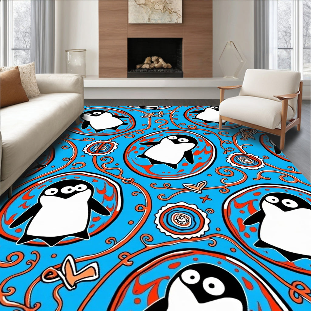 Whimsical Blue Penguin Medallion Rug