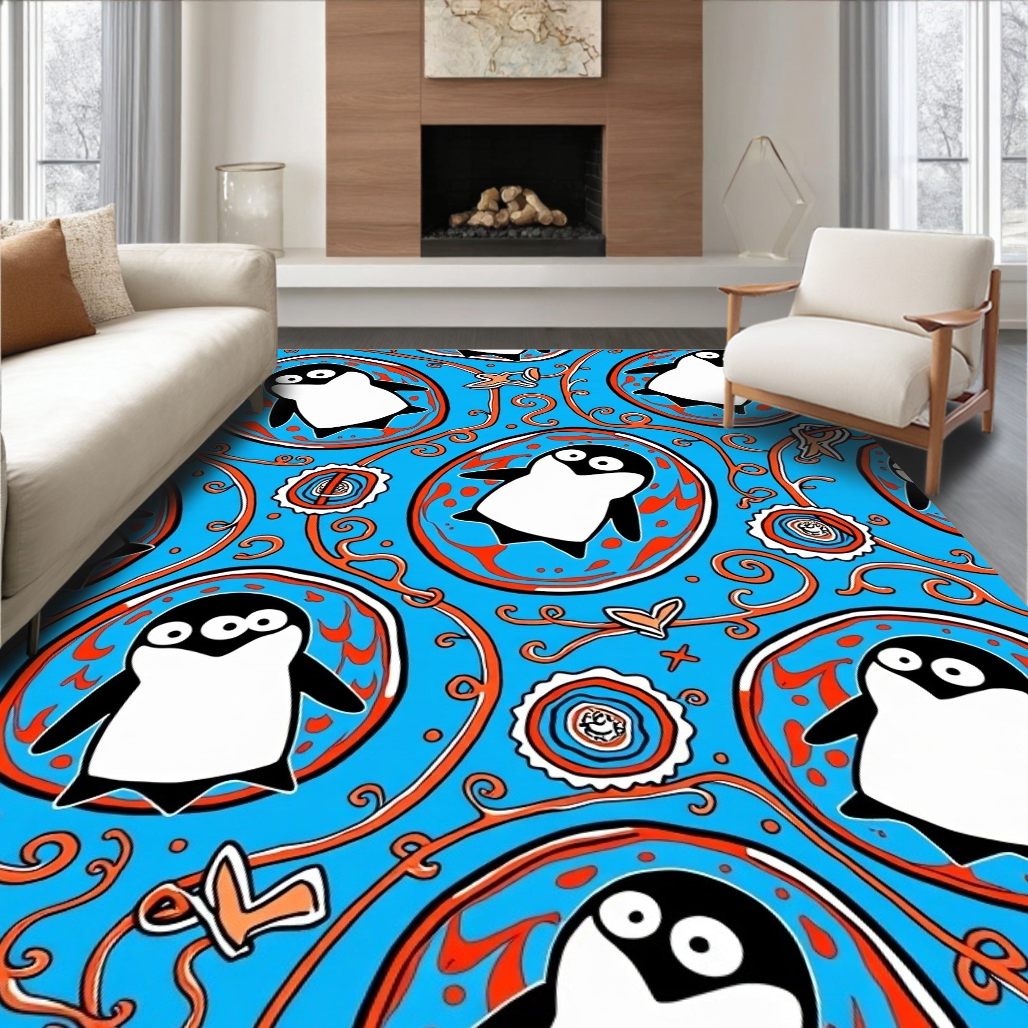 Whimsical Blue Penguin Medallion Rug