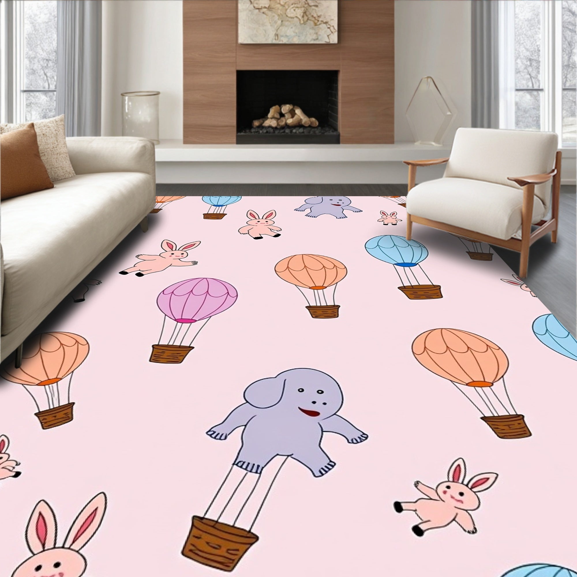 Whimsical Bunny Hot Air Balloon Adventure Rug
