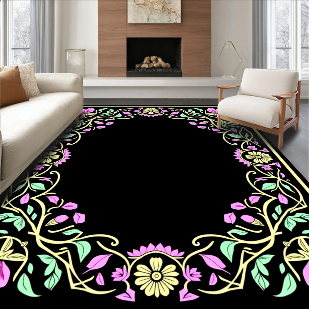 Pink Floral Yellow Leaf Vine Border Rug