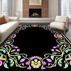 Pink Floral Yellow Leaf Vine Border Rug