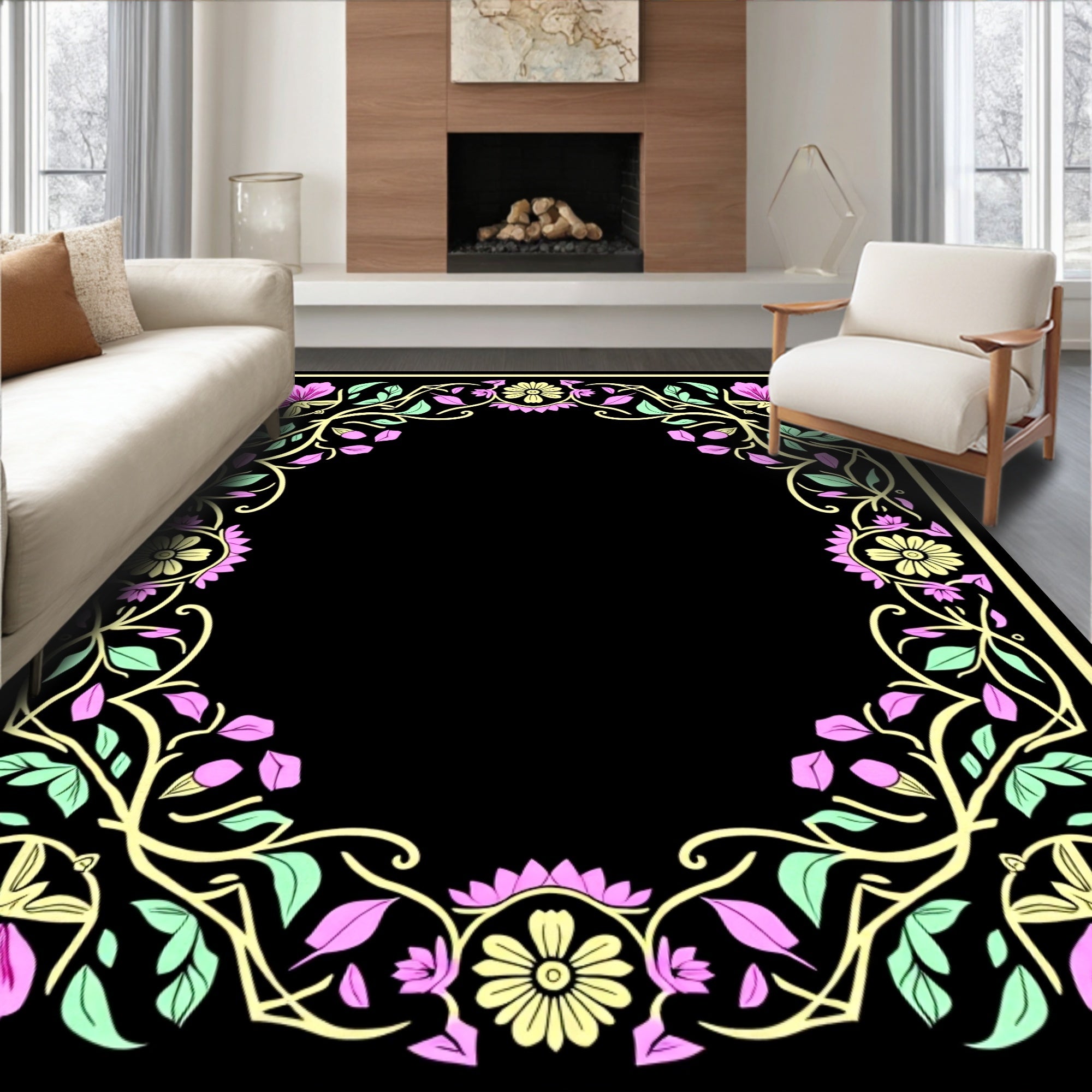 Pink Floral Yellow Leaf Vine Border Rug