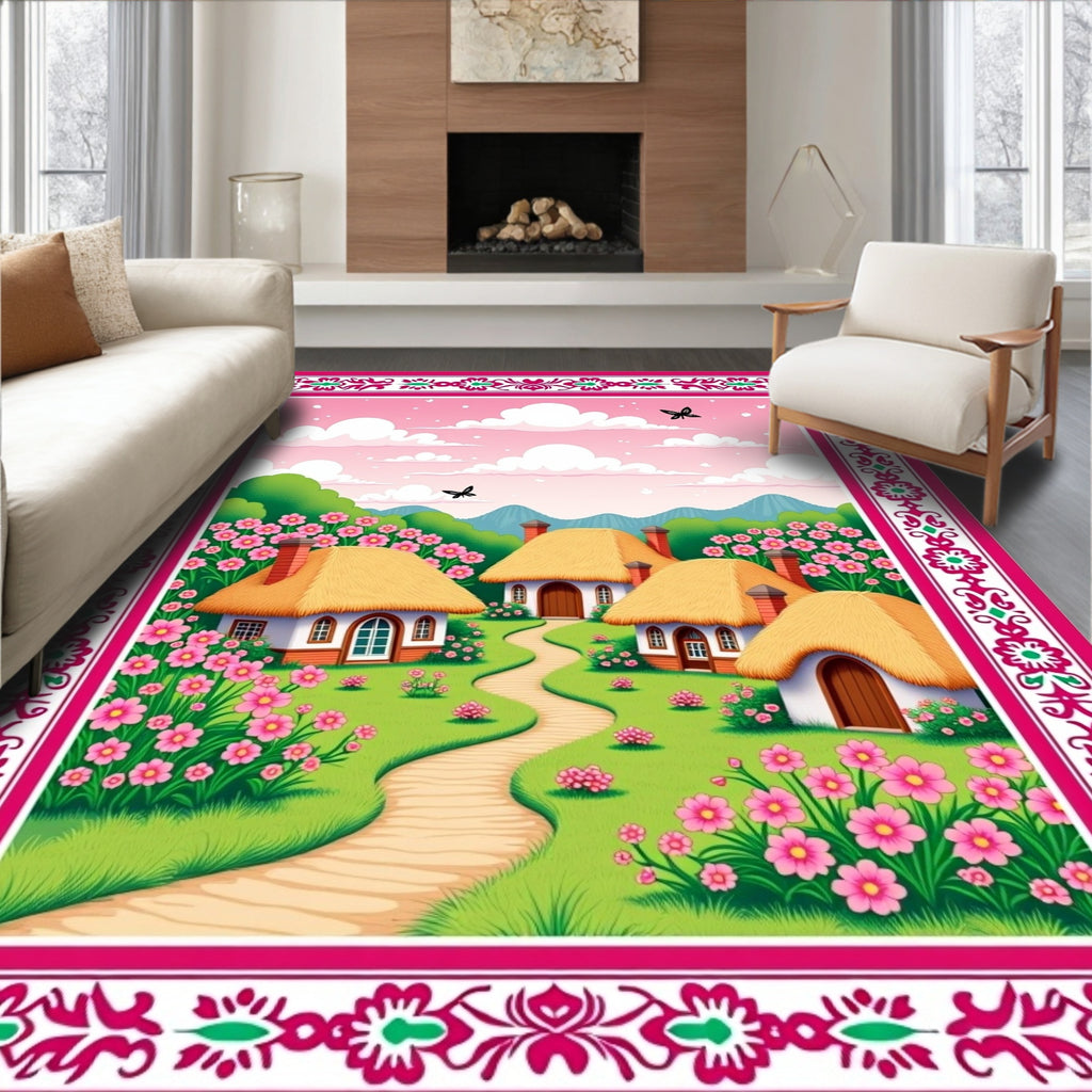 Pink Meadow Village Countryside Scene Rug