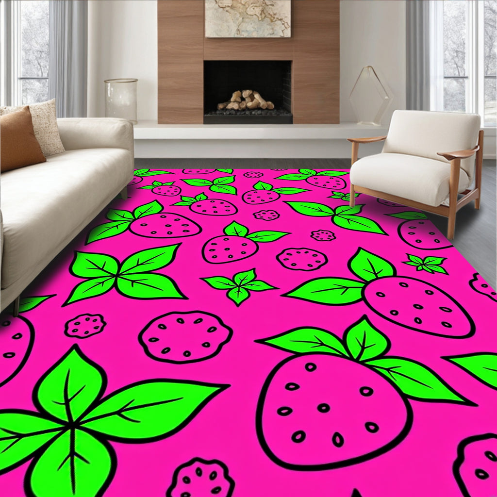 Vibrant Pink Strawberry Leaf Cluster Rug