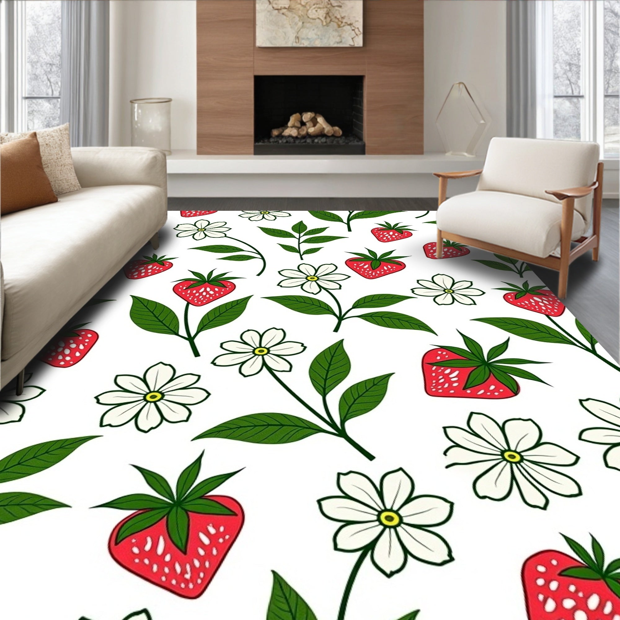 Red Strawberry White Flower Garden Rug