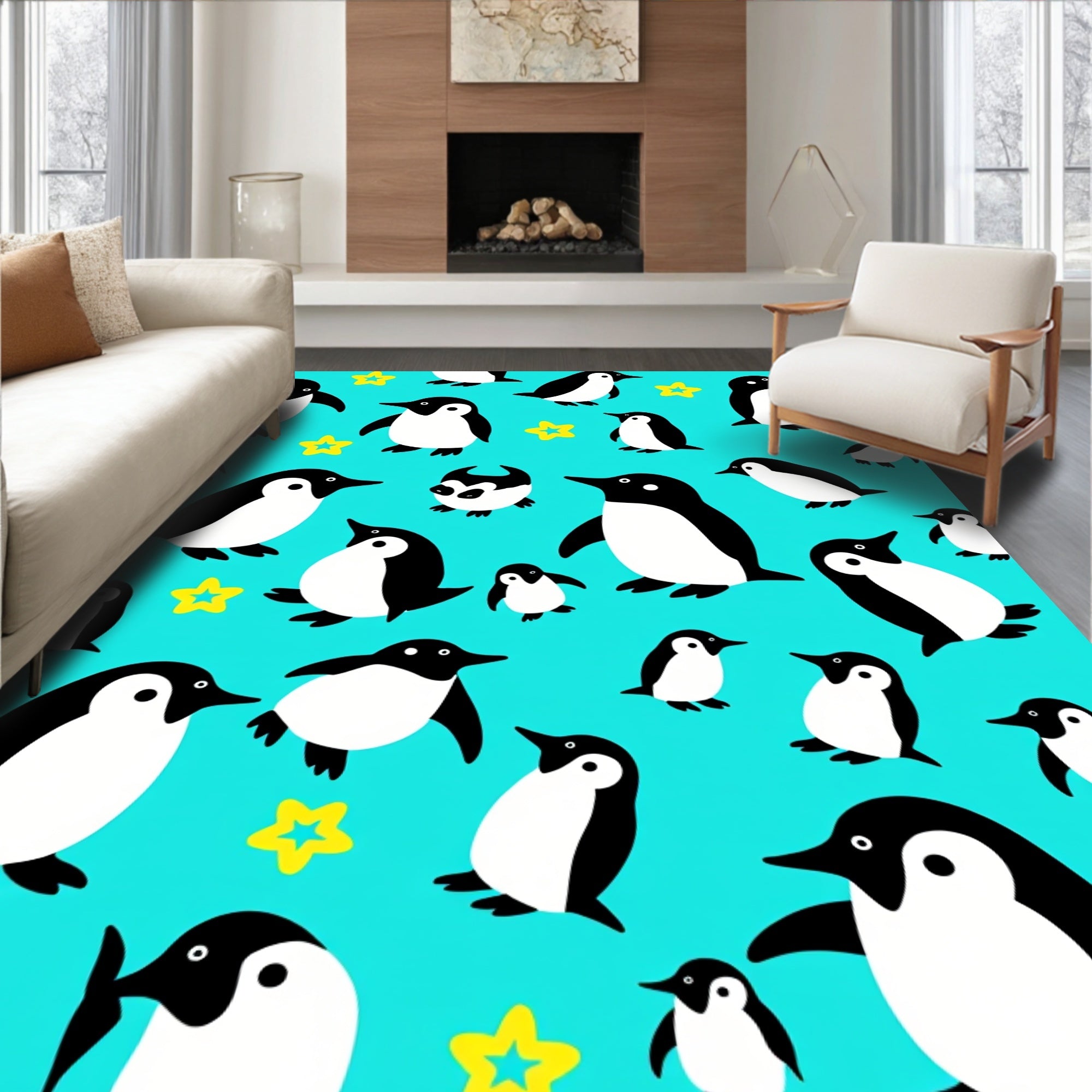 Bold Penguin Star Whimsical Pattern Rug