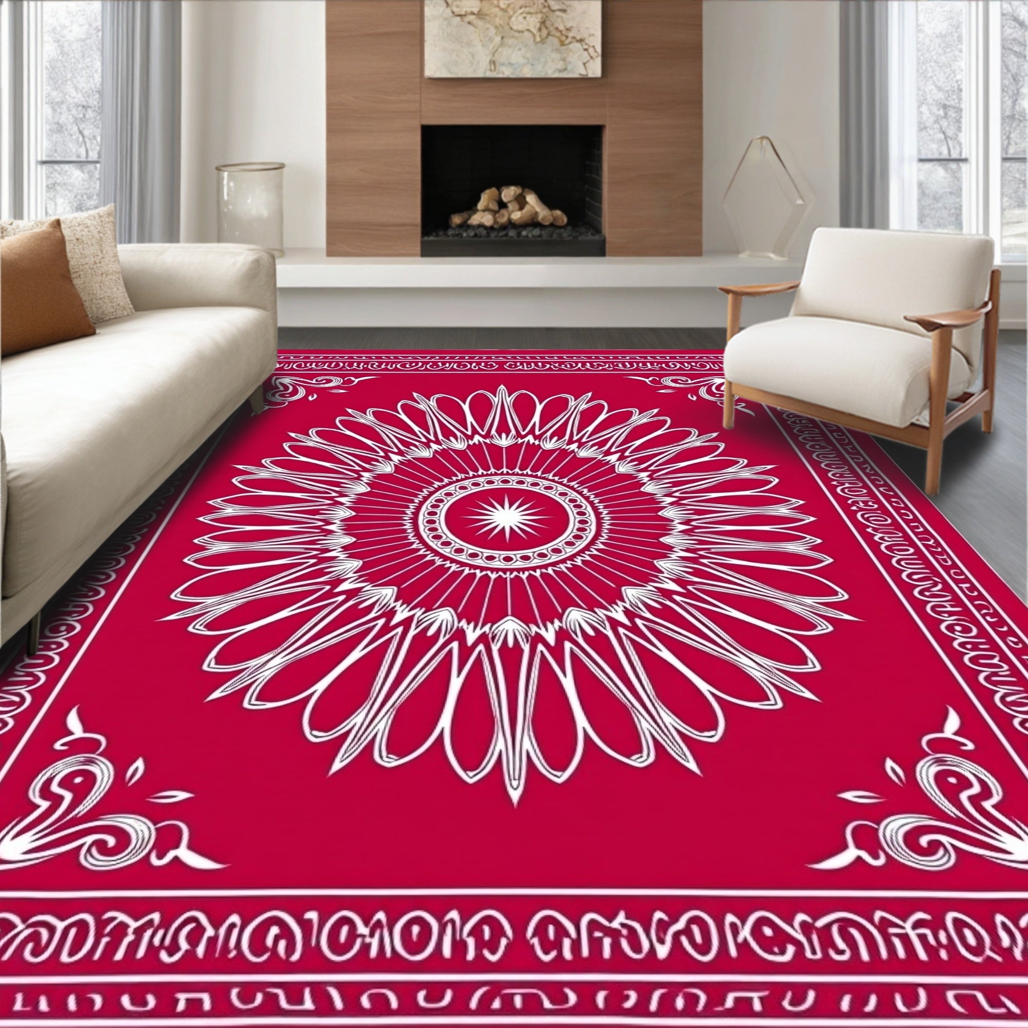 Crimson White Radial Medallion Border Rug