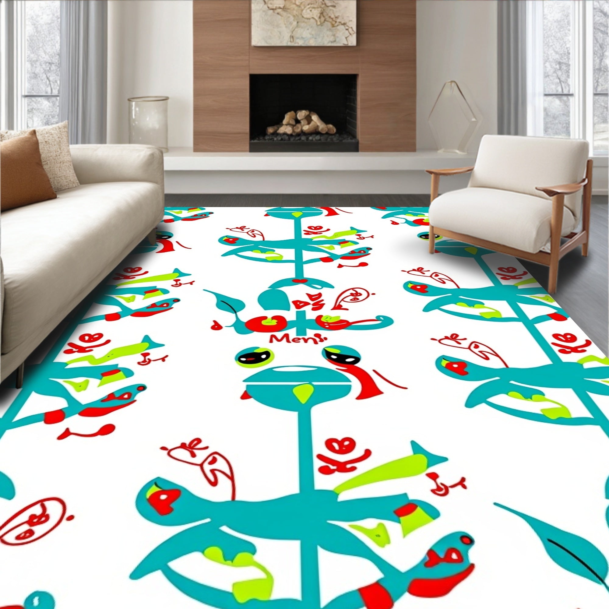 Whimsical Turquoise Red Playful Creatures Rug
