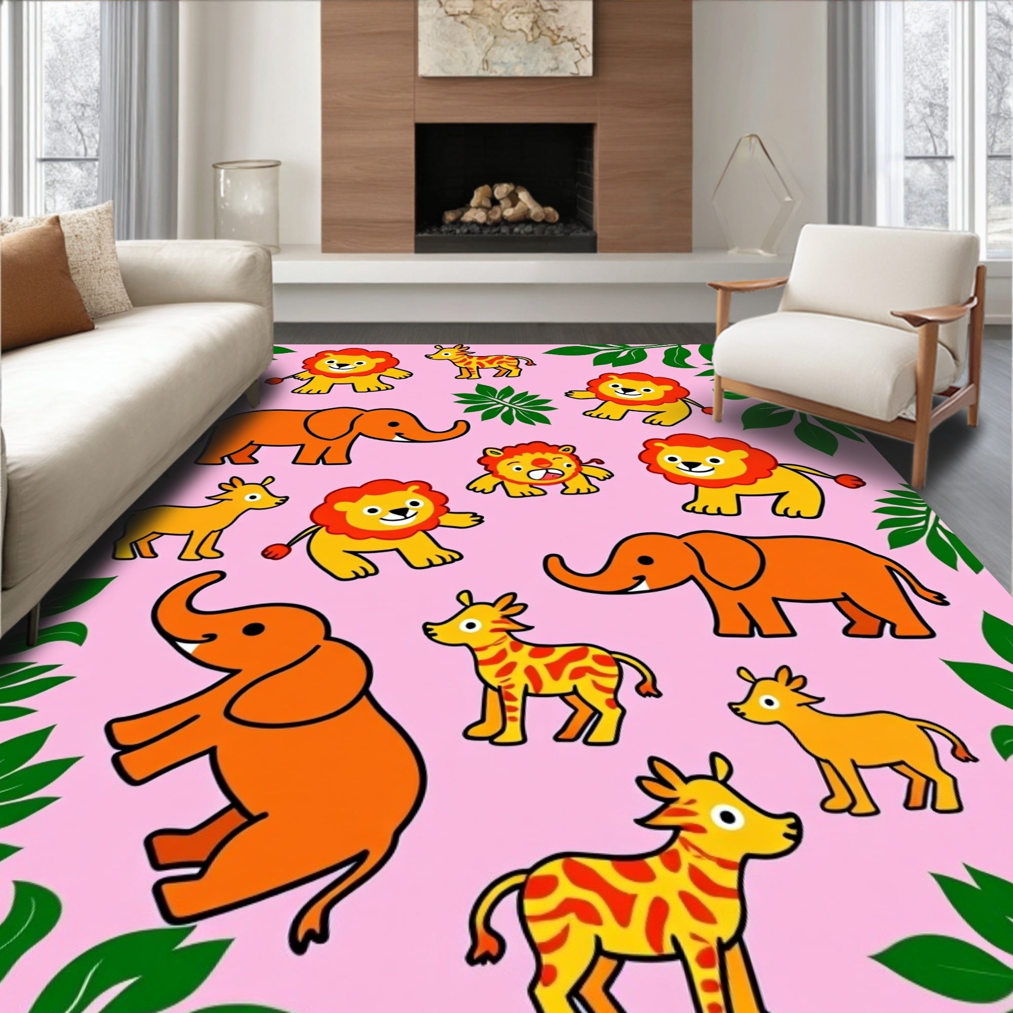 Whimsical Safari Animals Pink Jungle Rug