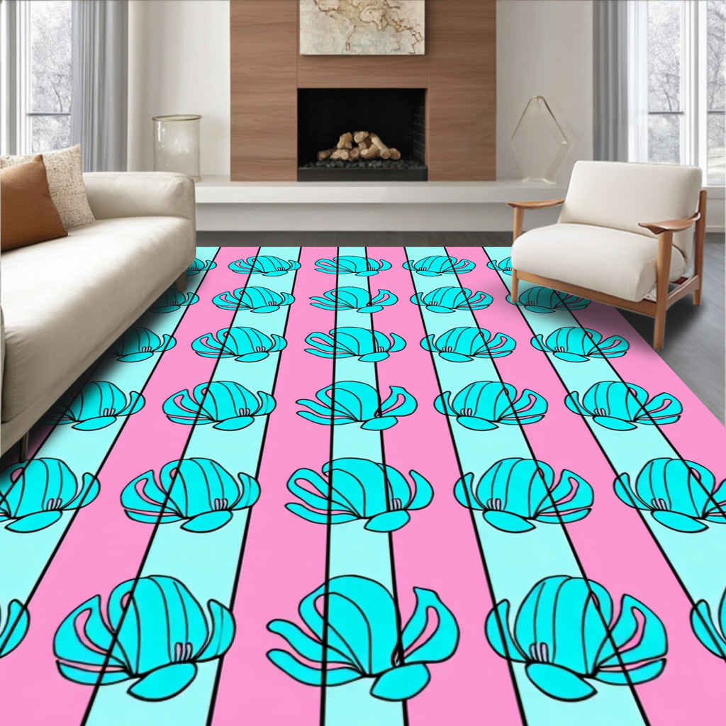 Turquoise Floral Stripes Pink Rug