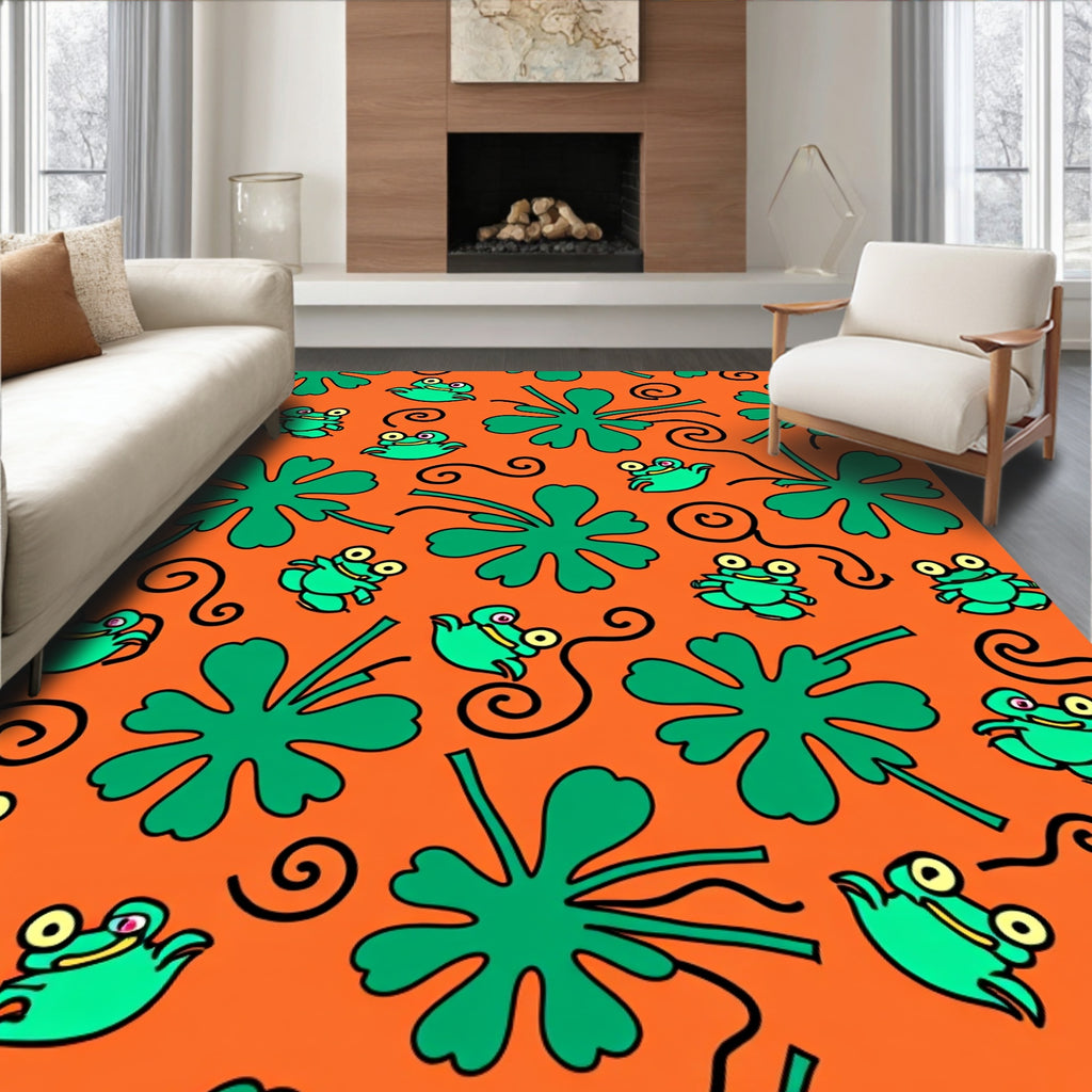 Whimsical Green Frog Orange Swirls Rug