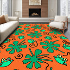 Whimsical Green Frog Orange Swirls Rug