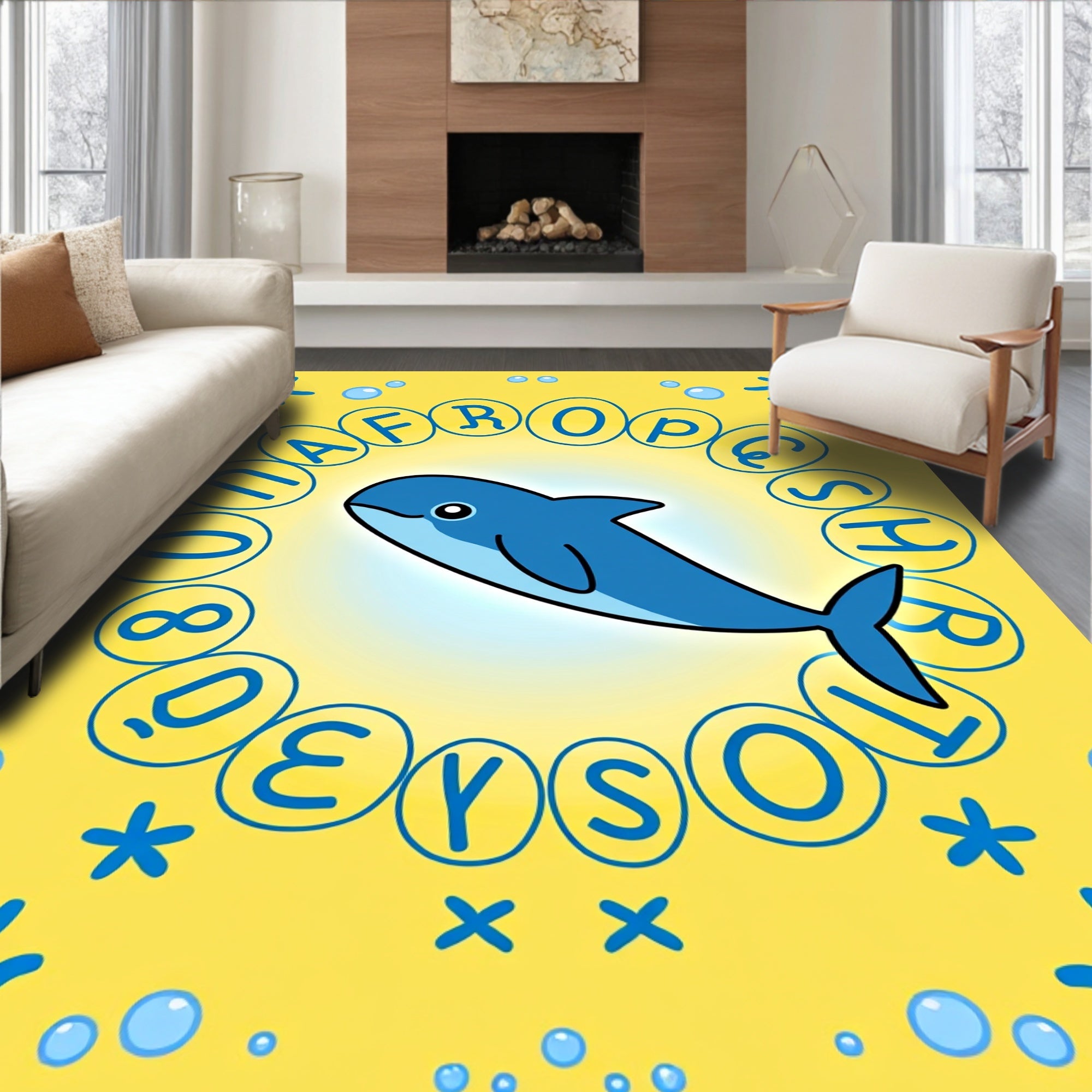 Blue Dolphin Alphabet Circle Yellow Rug