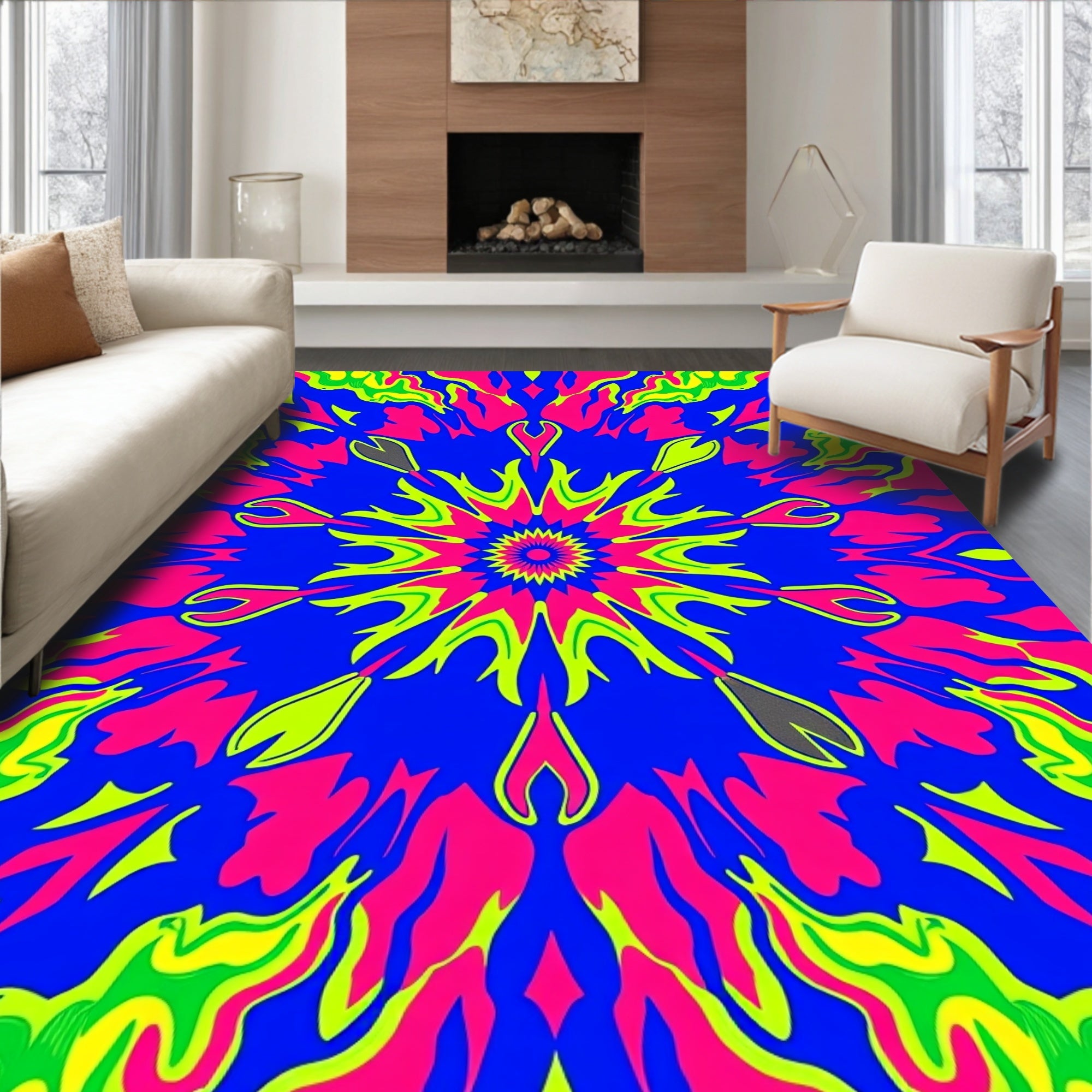 Vibrant Neon Floral Mandala Rug